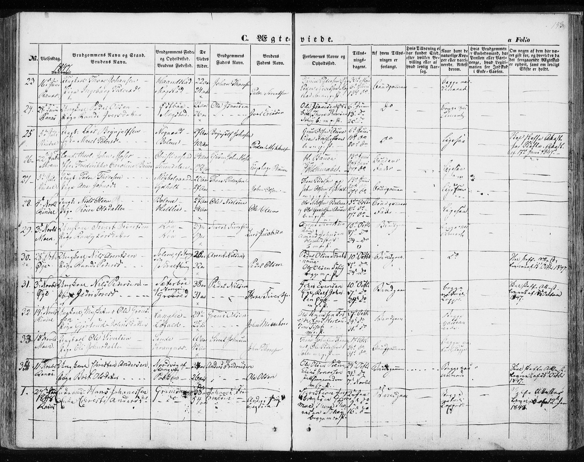 Ministerialprotokoller, klokkerbøker og fødselsregistre - Møre og Romsdal, SAT/A-1454/595/L1043: Parish register (official) no. 595A05, 1843-1851, p. 153