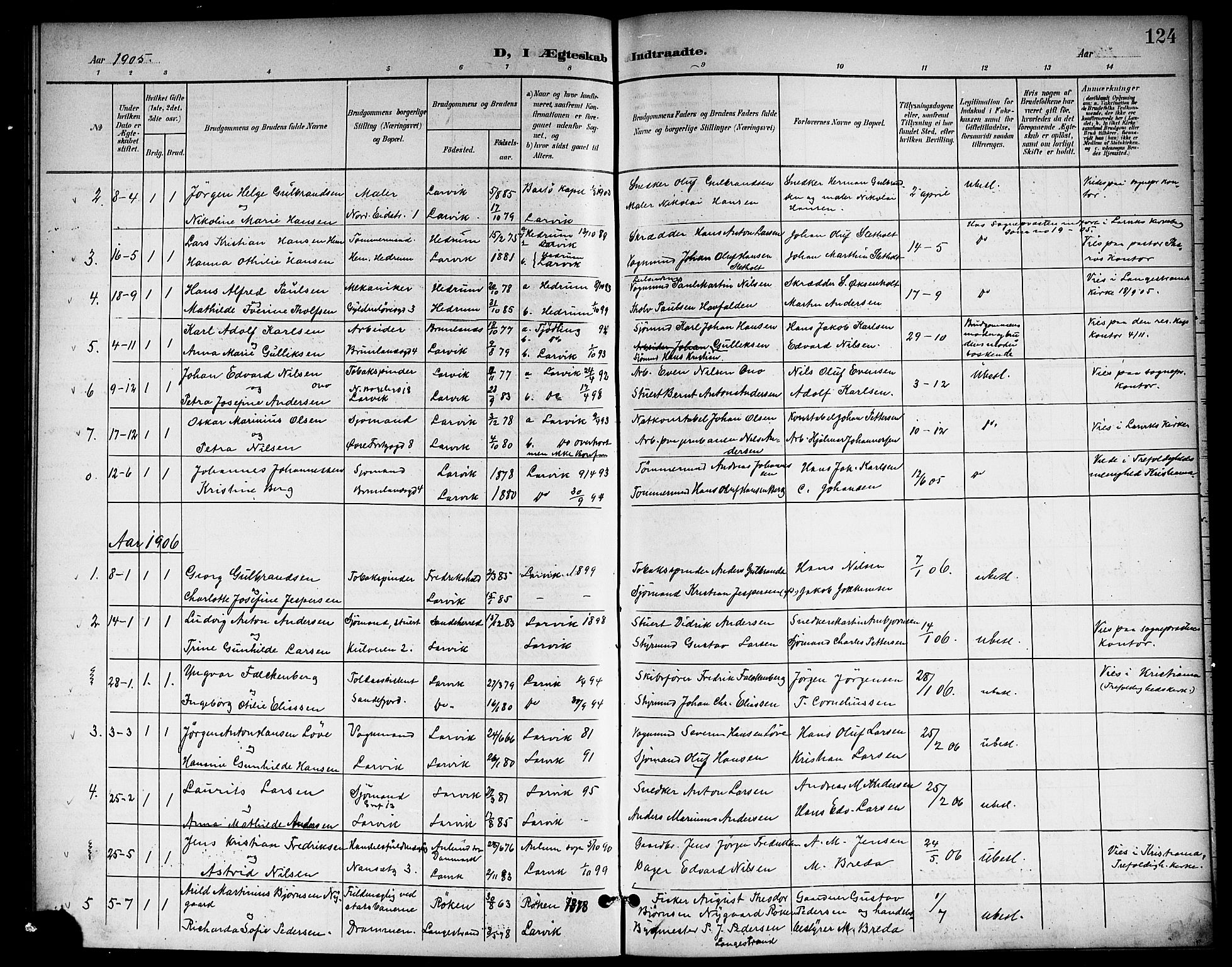 Larvik kirkebøker, AV/SAKO-A-352/G/Gb/L0004: Parish register (copy) no. II 4, 1899-1919, p. 124