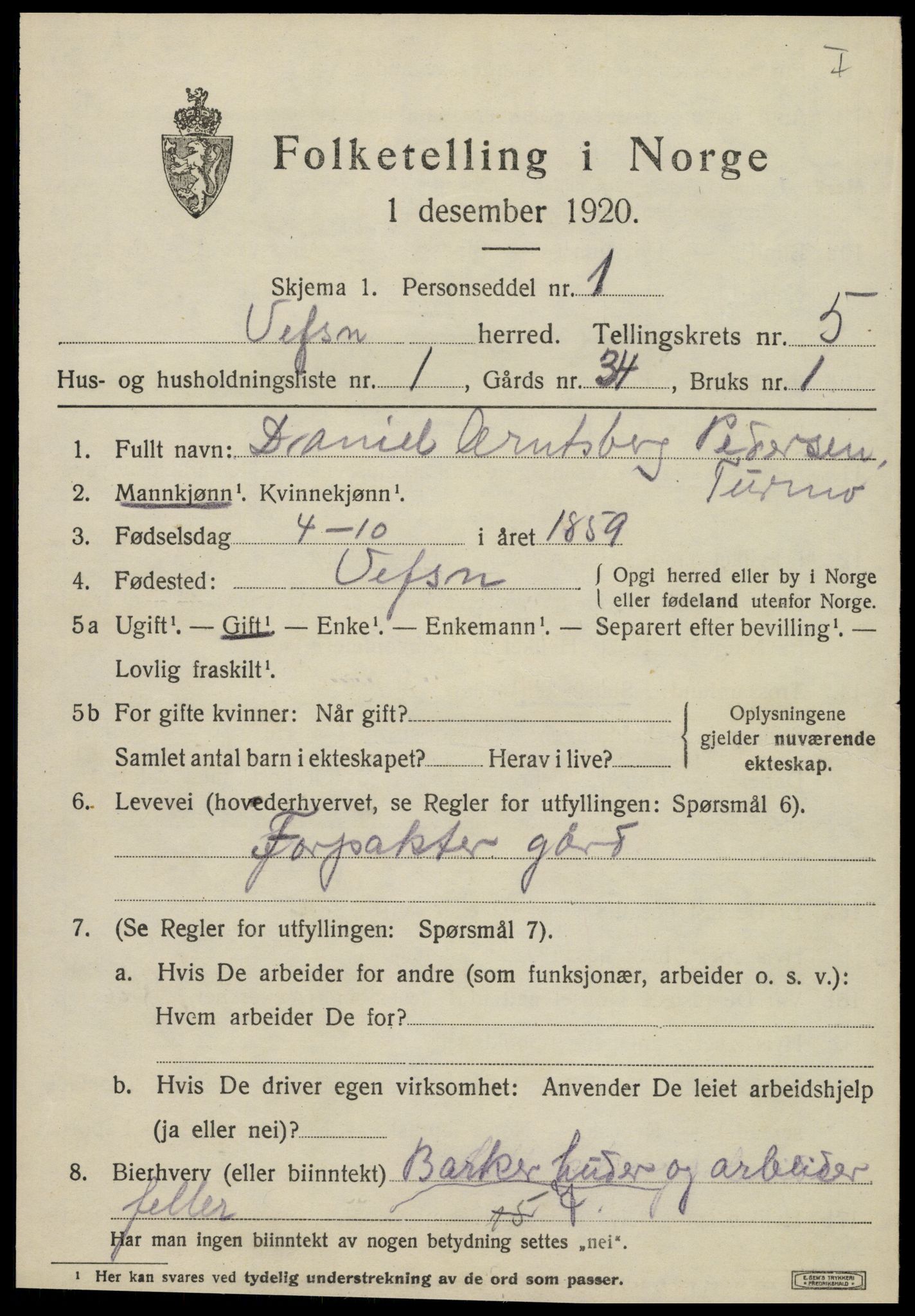 SAT, 1920 census for Vefsn, 1920, p. 3171