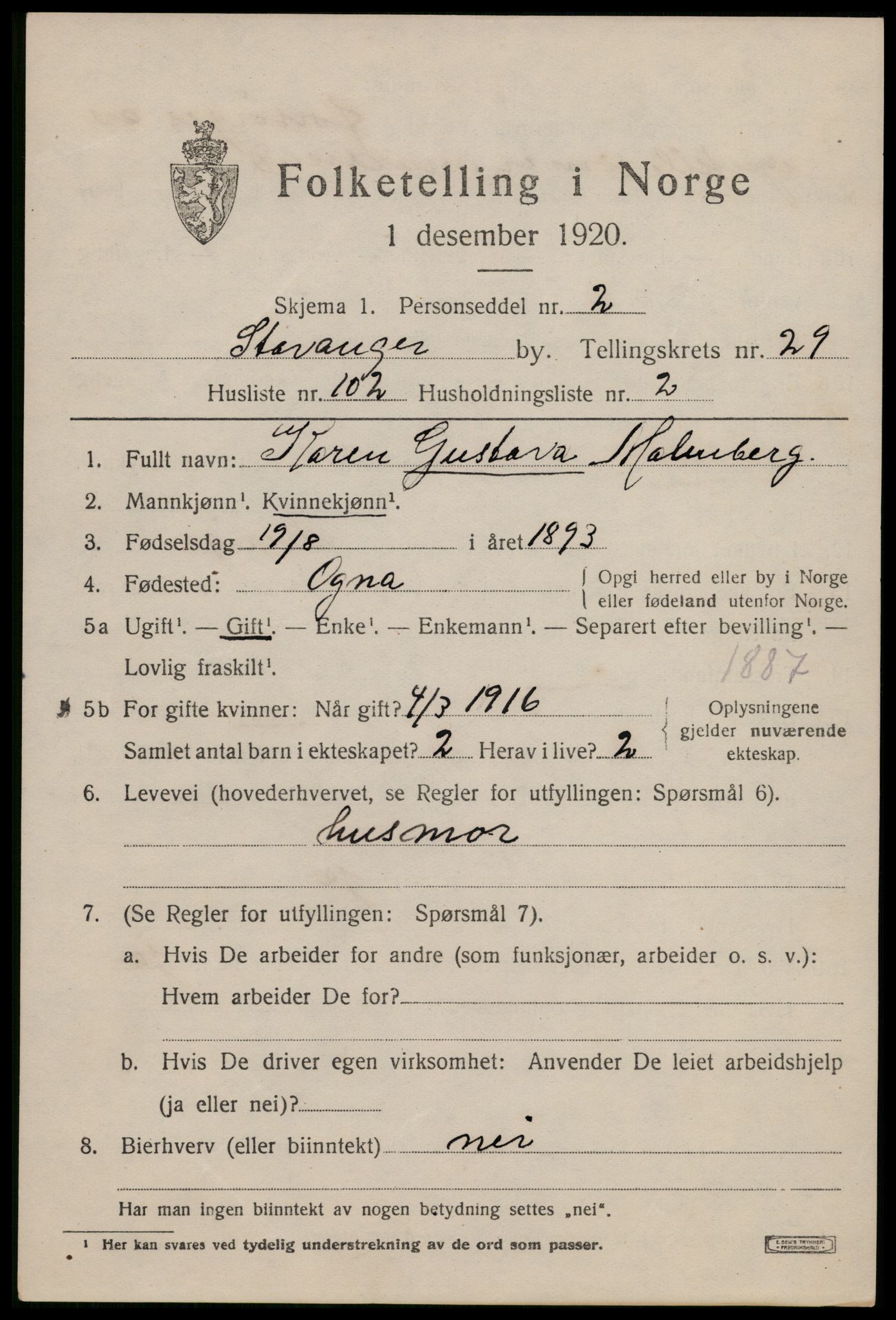 SAST, 1920 census for Stavanger, 1920, p. 84722