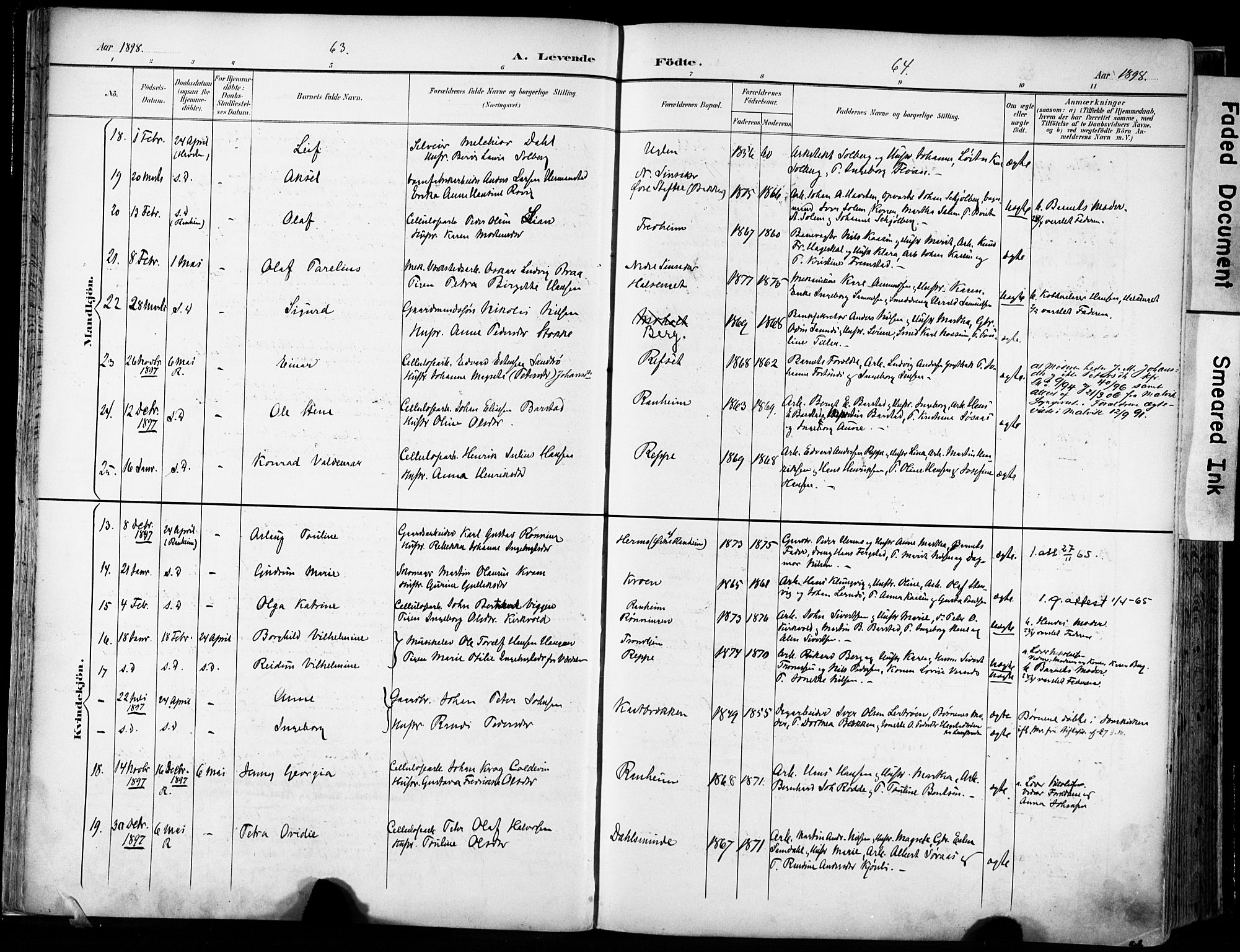 Ministerialprotokoller, klokkerbøker og fødselsregistre - Sør-Trøndelag, SAT/A-1456/606/L0301: Parish register (official) no. 606A16, 1894-1907, p. 63-64