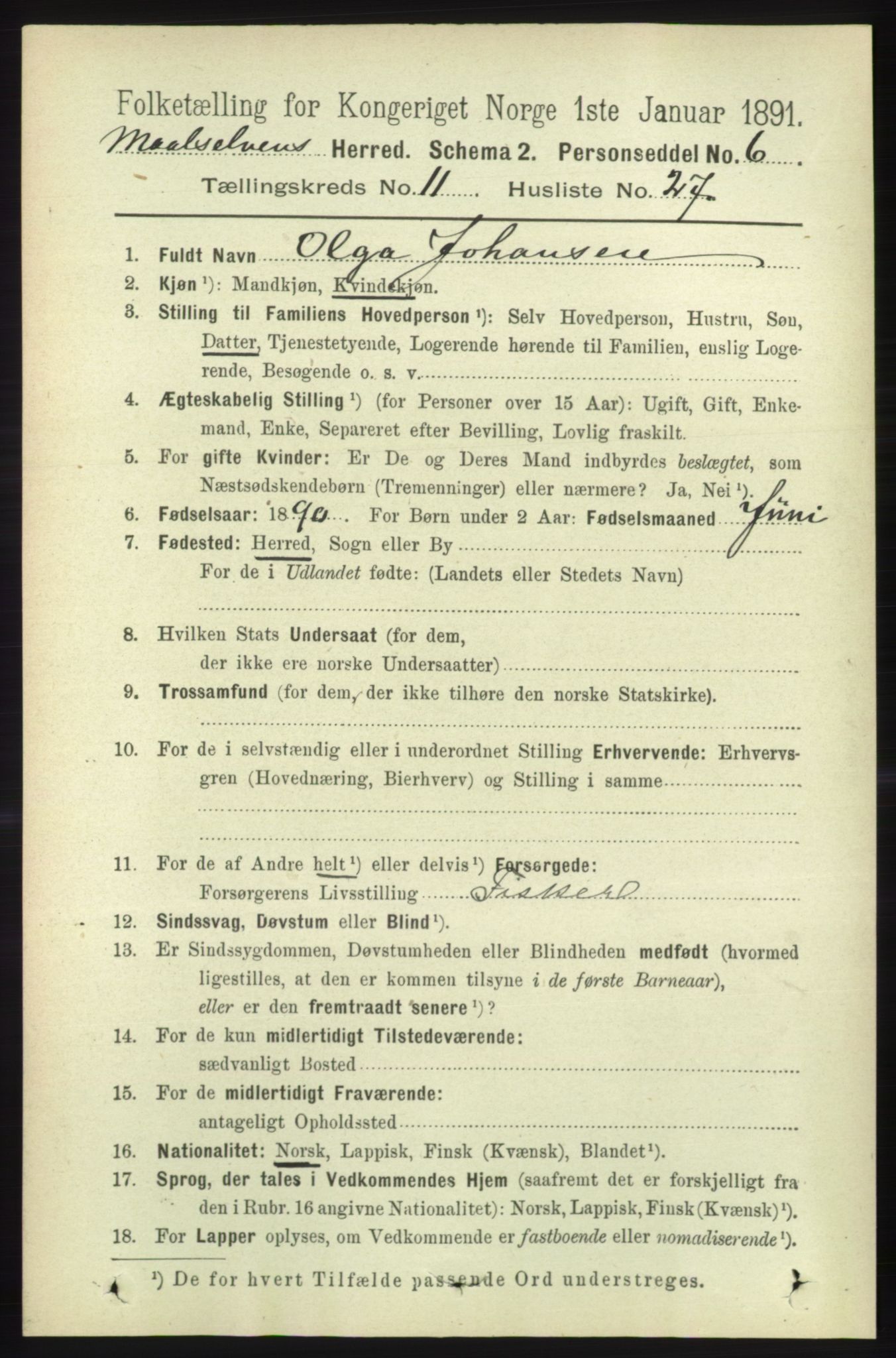 RA, 1891 census for 1924 Målselv, 1891, p. 3462