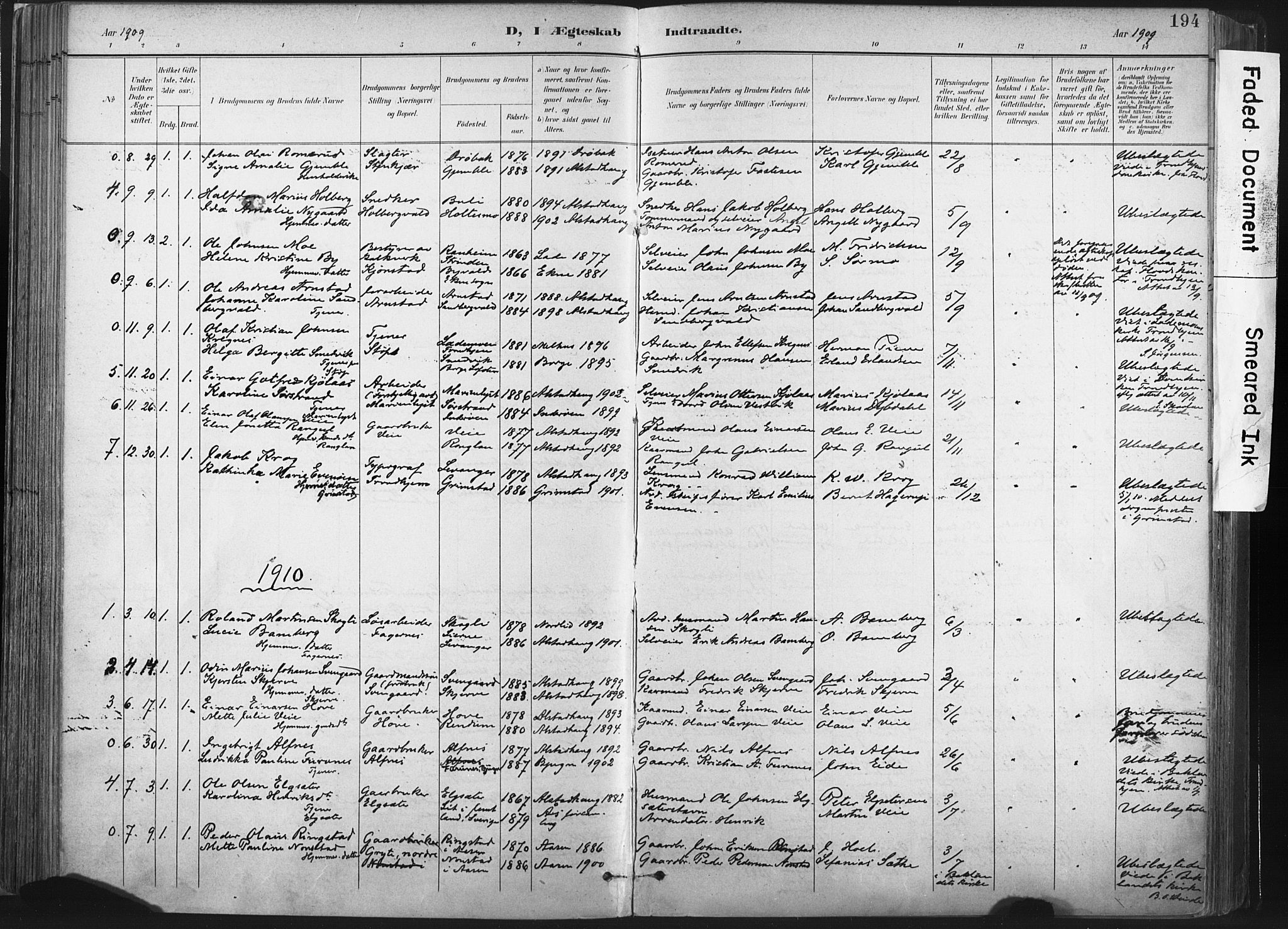 Ministerialprotokoller, klokkerbøker og fødselsregistre - Nord-Trøndelag, SAT/A-1458/717/L0162: Parish register (official) no. 717A12, 1898-1923, p. 194