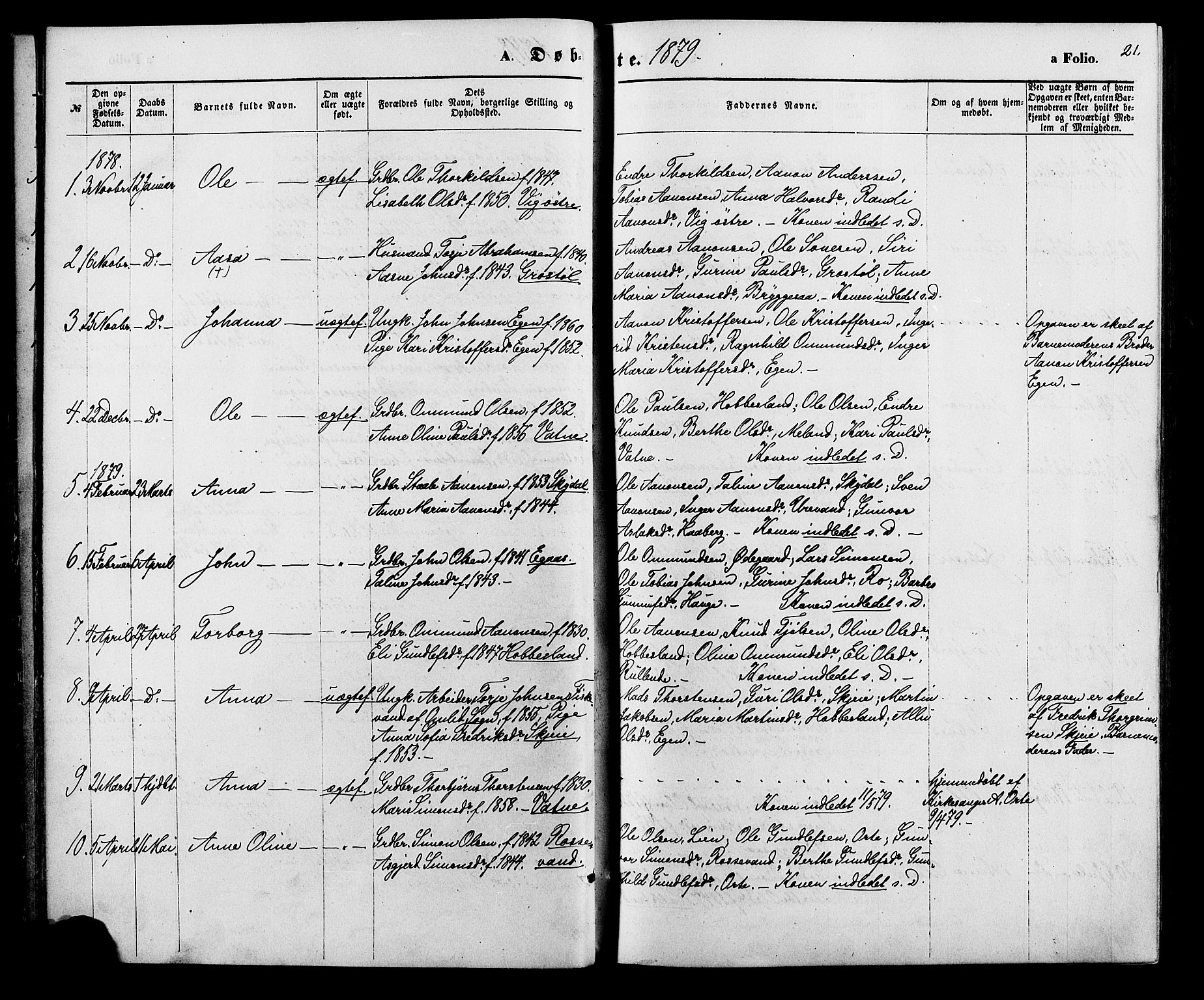 Hægebostad sokneprestkontor, SAK/1111-0024/F/Fa/Fab/L0003: Parish register (official) no. A 3, 1872-1886, p. 21