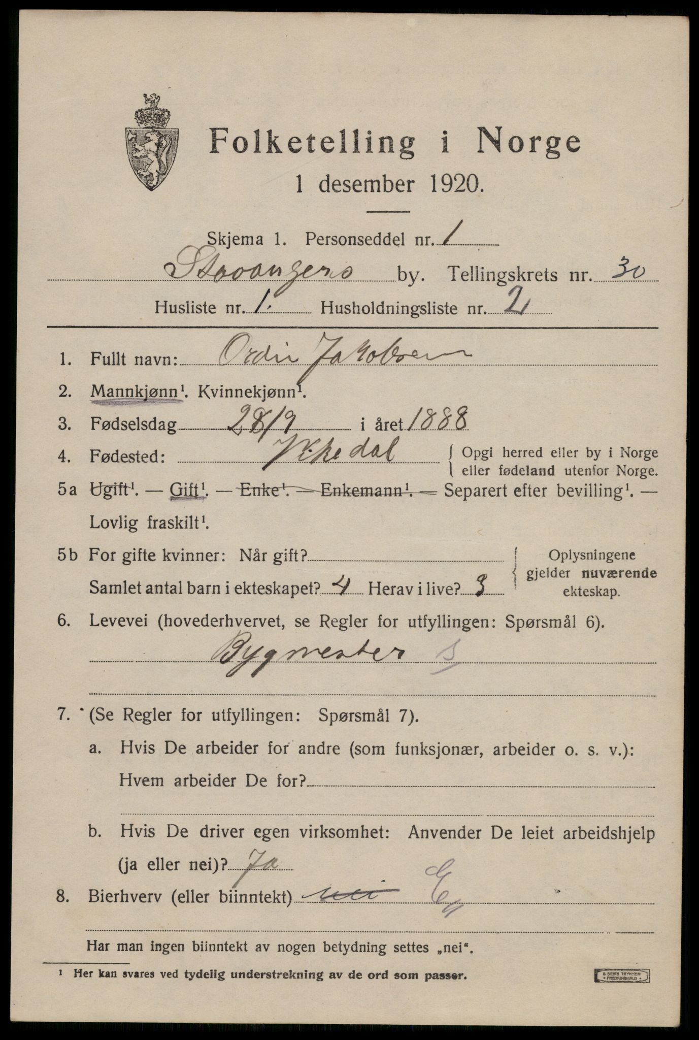 SAST, 1920 census for Stavanger, 1920, p. 84980