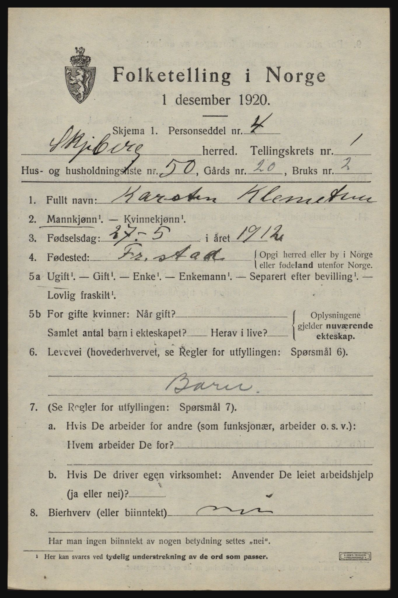 SAO, 1920 census for Skjeberg, 1920, p. 2775