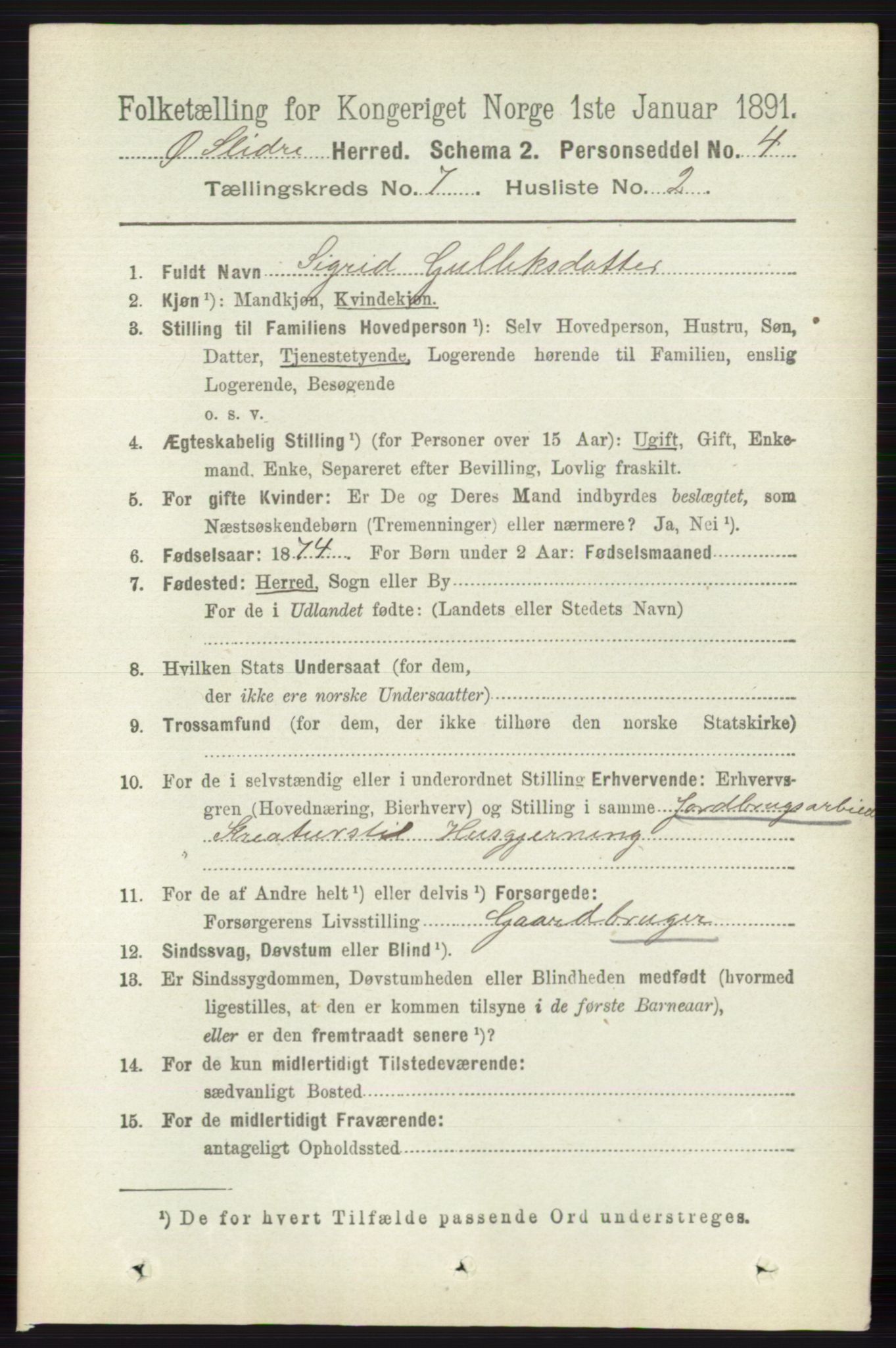 RA, 1891 census for 0544 Øystre Slidre, 1891, p. 2179