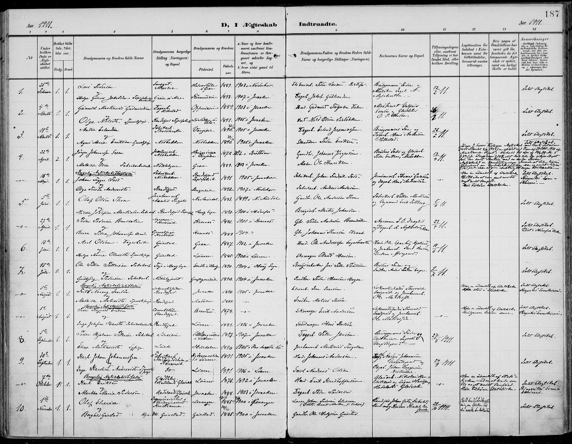 Jevnaker prestekontor, SAH/PREST-116/H/Ha/Haa/L0011: Parish register (official) no. 11, 1902-1913, p. 187