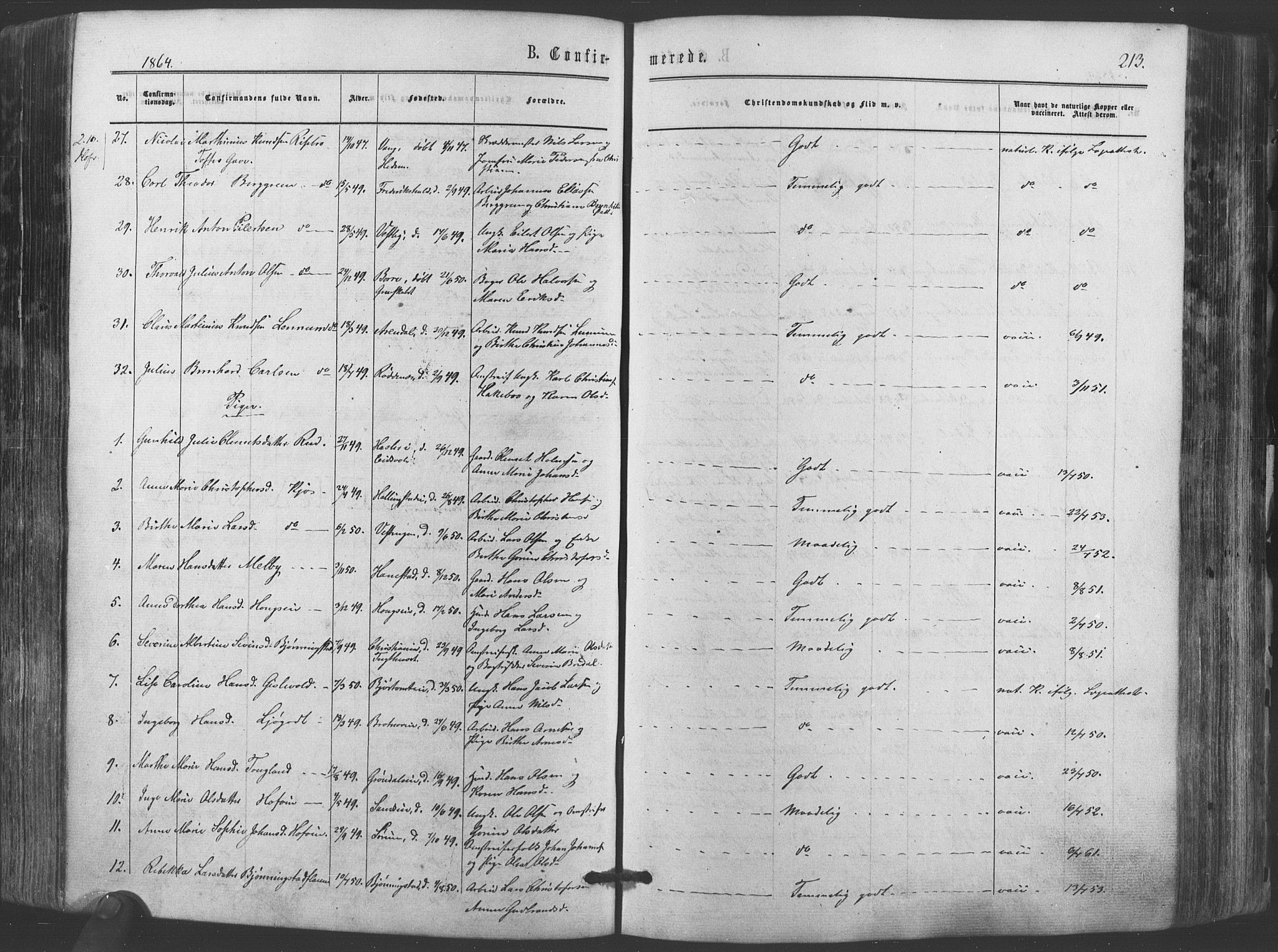 Ullensaker prestekontor Kirkebøker, AV/SAO-A-10236a/F/Fa/L0016: Parish register (official) no. I 16, 1863-1875, p. 213