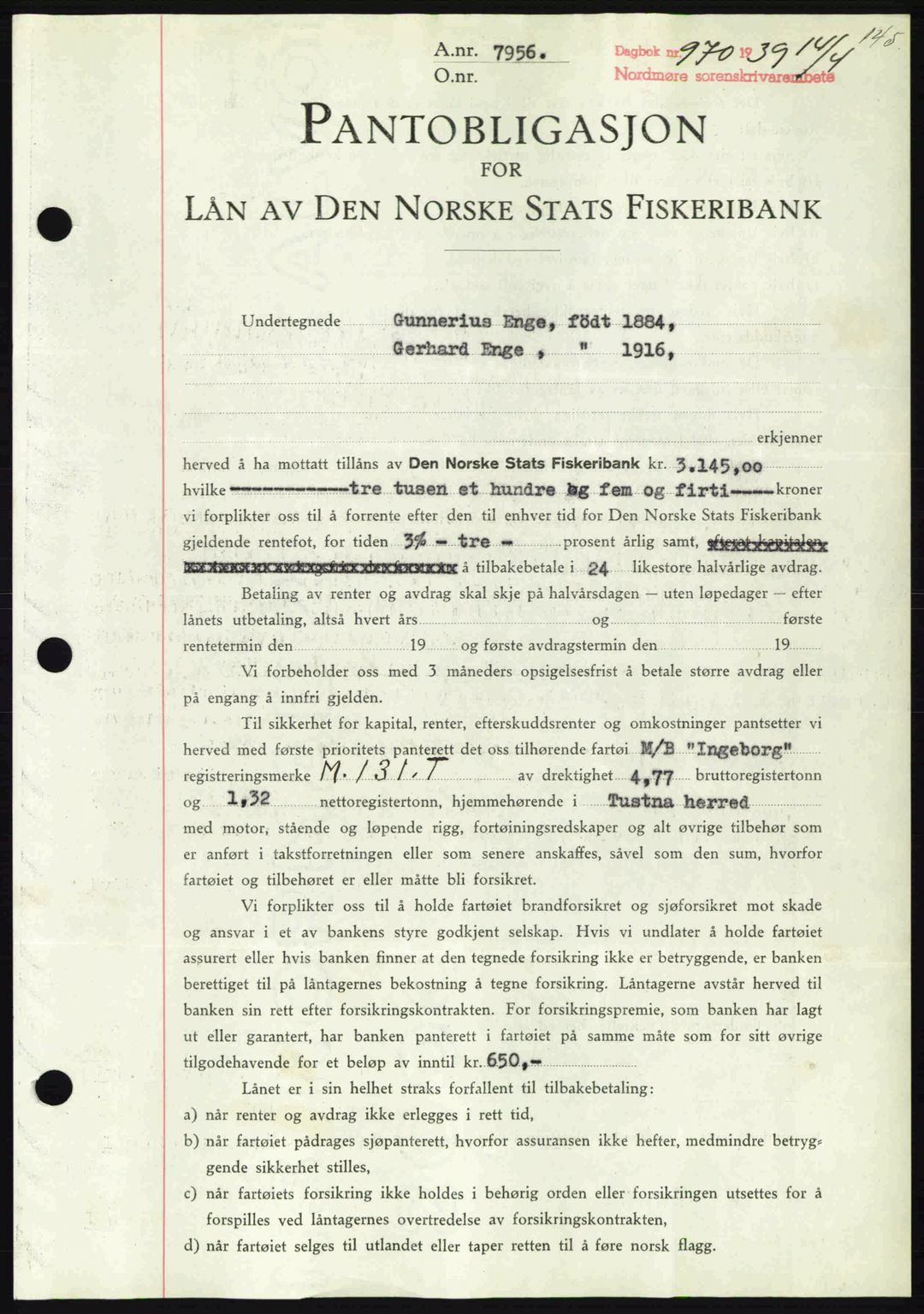 Nordmøre sorenskriveri, AV/SAT-A-4132/1/2/2Ca: Mortgage book no. B85, 1939-1939, Diary no: : 970/1939