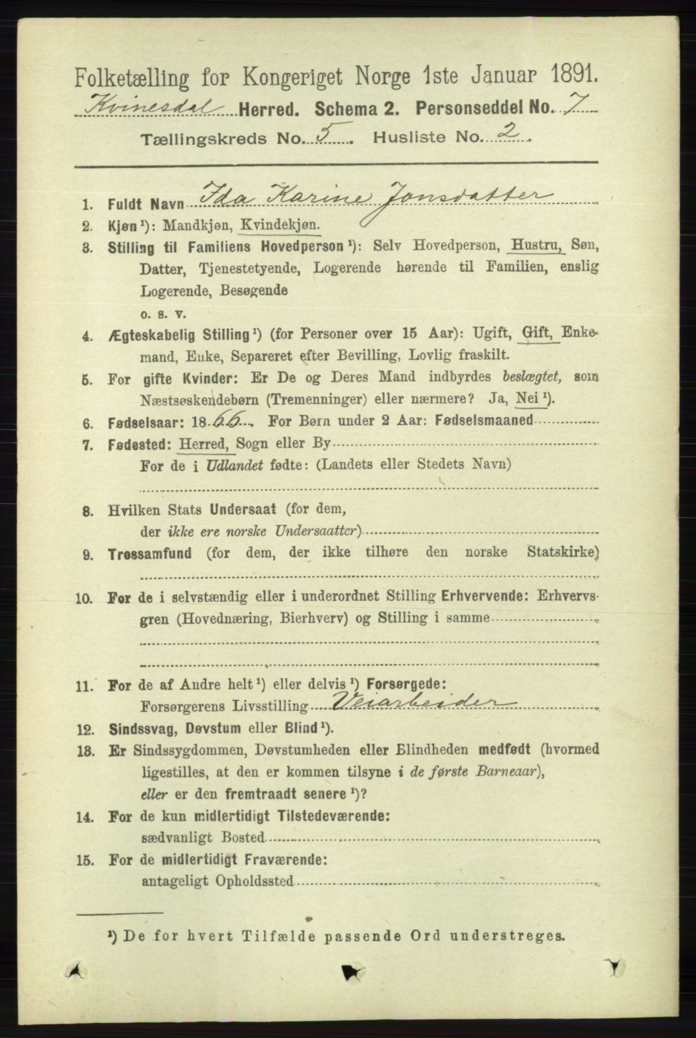 RA, 1891 census for 1037 Kvinesdal, 1891, p. 1709