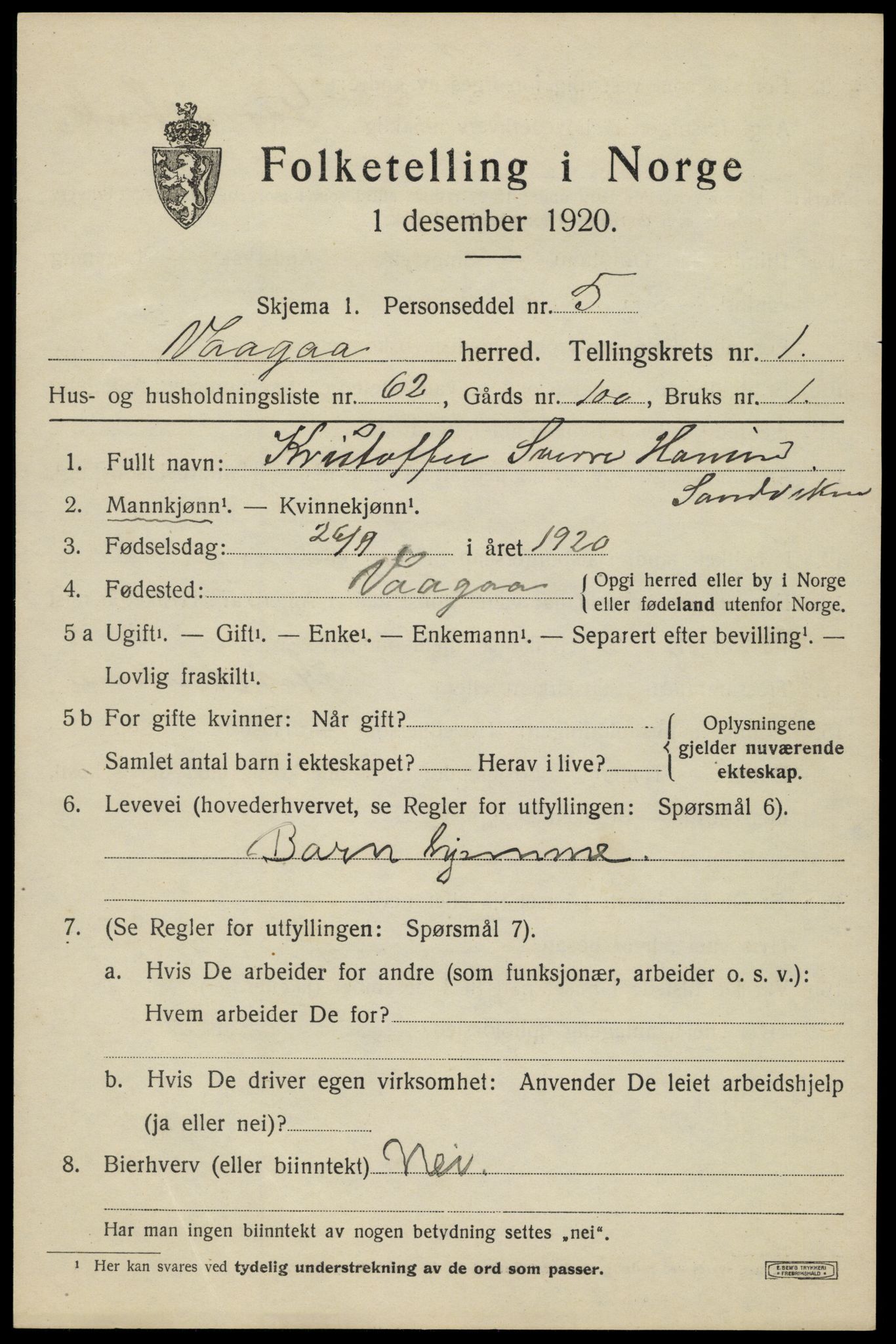 SAH, 1920 census for Vågå, 1920, p. 2008