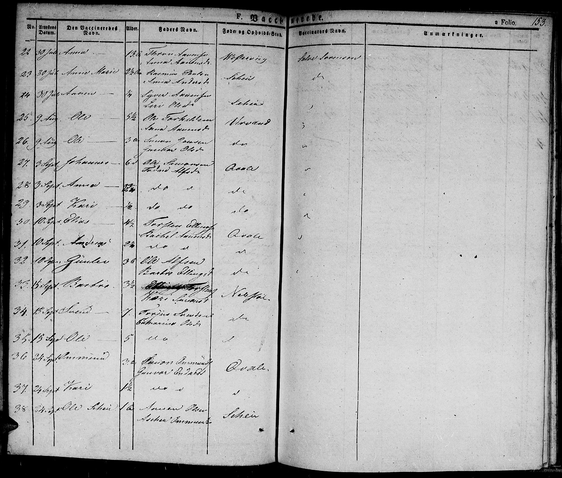 Hægebostad sokneprestkontor, SAK/1111-0024/F/Fa/Fab/L0001: Parish register (official) no. A 1, 1823-1867, p. 153
