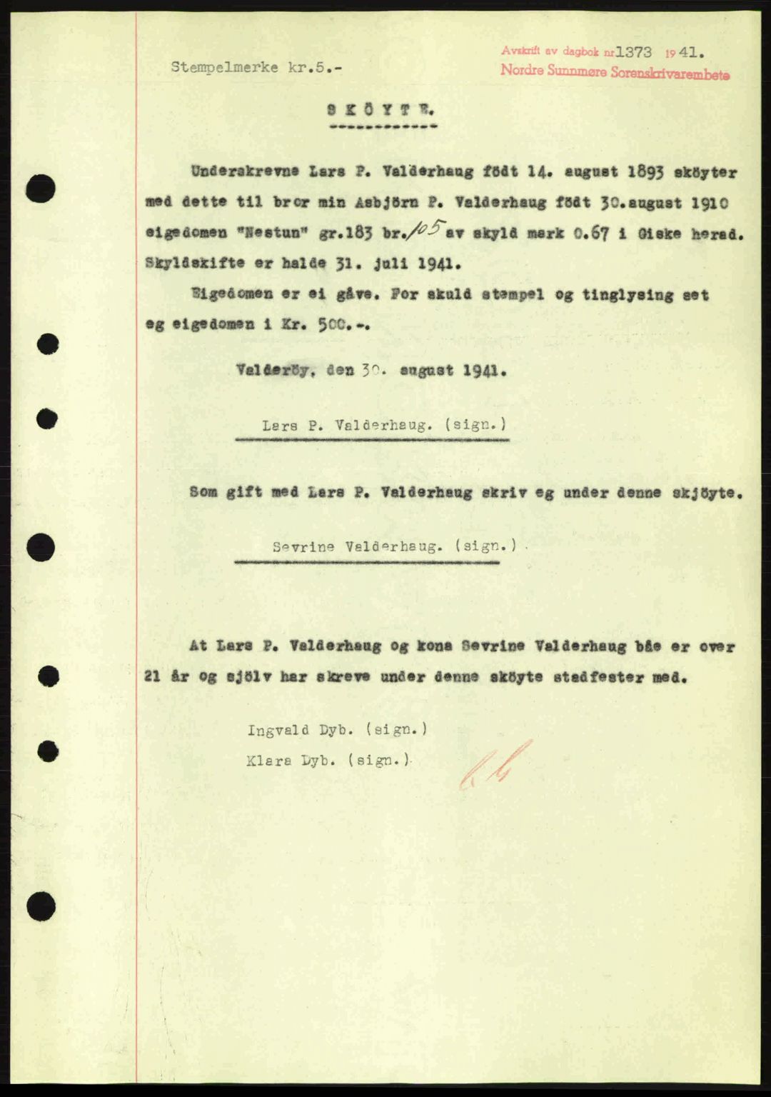 Nordre Sunnmøre sorenskriveri, SAT/A-0006/1/2/2C/2Ca: Mortgage book no. A11, 1941-1941, Diary no: : 1373/1941