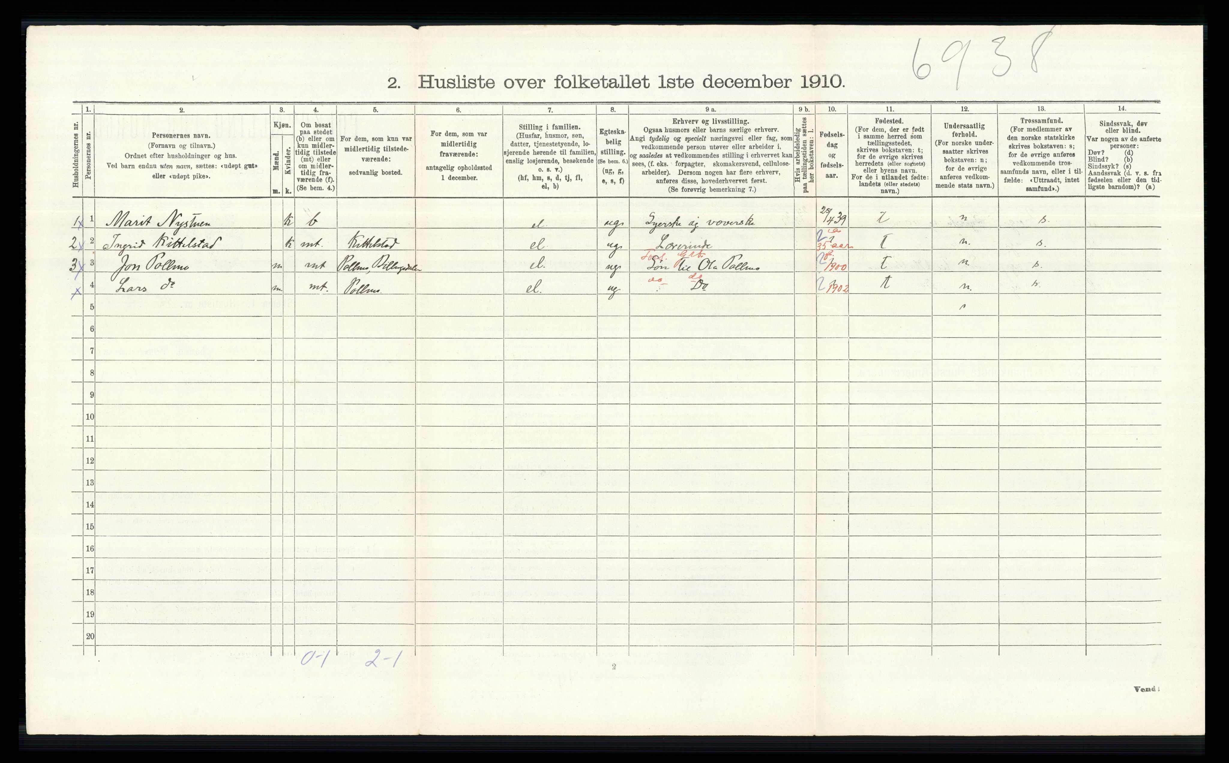 RA, 1910 census for Skjåk, 1910, p. 691