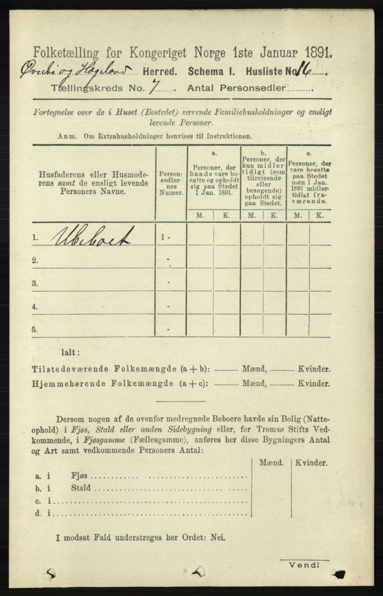 RA, 1891 census for 1016 Øvrebø og Hægeland, 1891, p. 1327