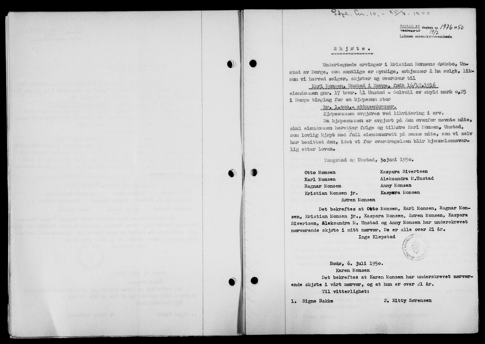 Lofoten sorenskriveri, SAT/A-0017/1/2/2C/L0024a: Mortgage book no. 24a, 1950-1950, Diary no: : 1976/1950