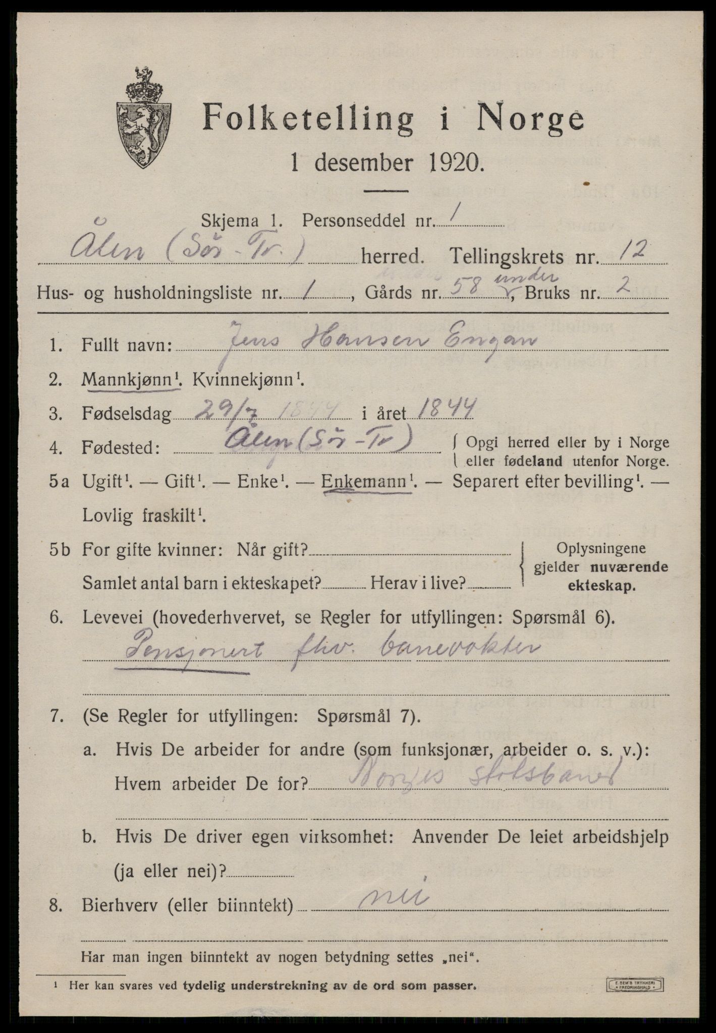 SAT, 1920 census for Ålen, 1920, p. 5720