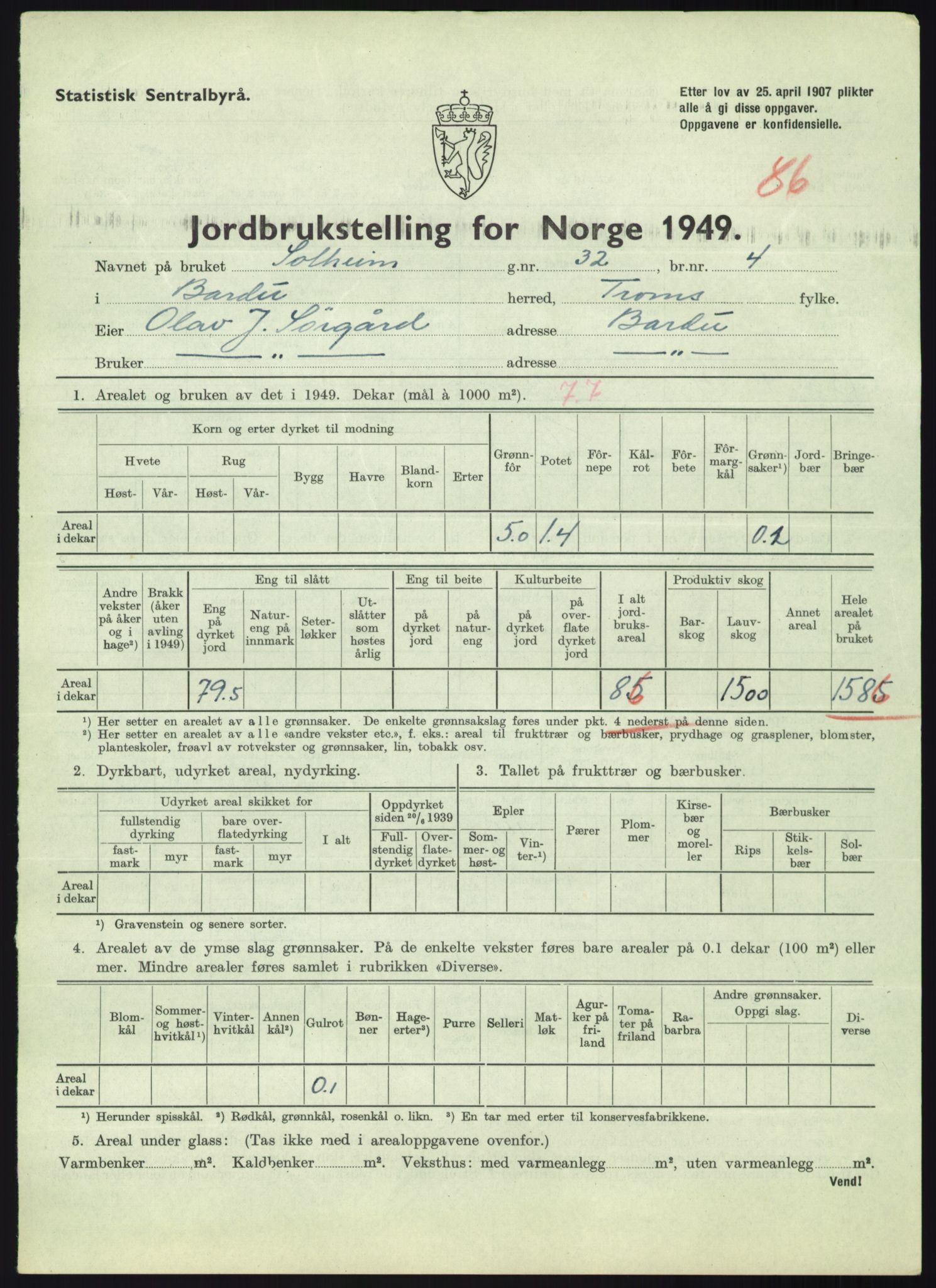 Statistisk sentralbyrå, Næringsøkonomiske emner, Jordbruk, skogbruk, jakt, fiske og fangst, AV/RA-S-2234/G/Gc/L0438: Troms: Salangen og Bardu, 1949, p. 1535