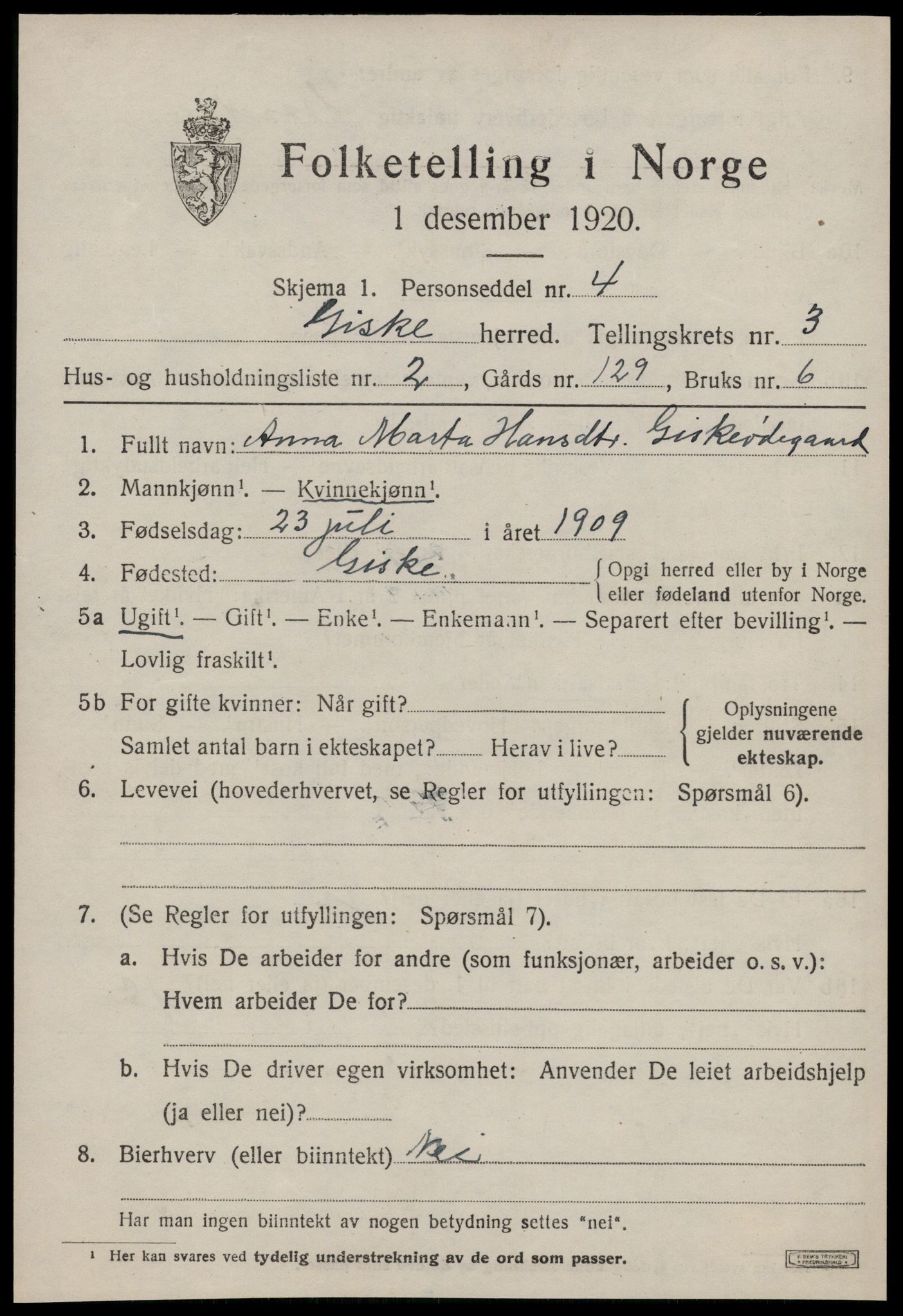 SAT, 1920 census for Giske, 1920, p. 1688