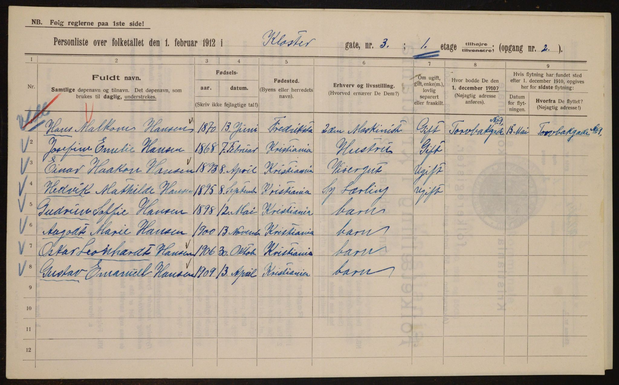 OBA, Municipal Census 1912 for Kristiania, 1912, p. 52357