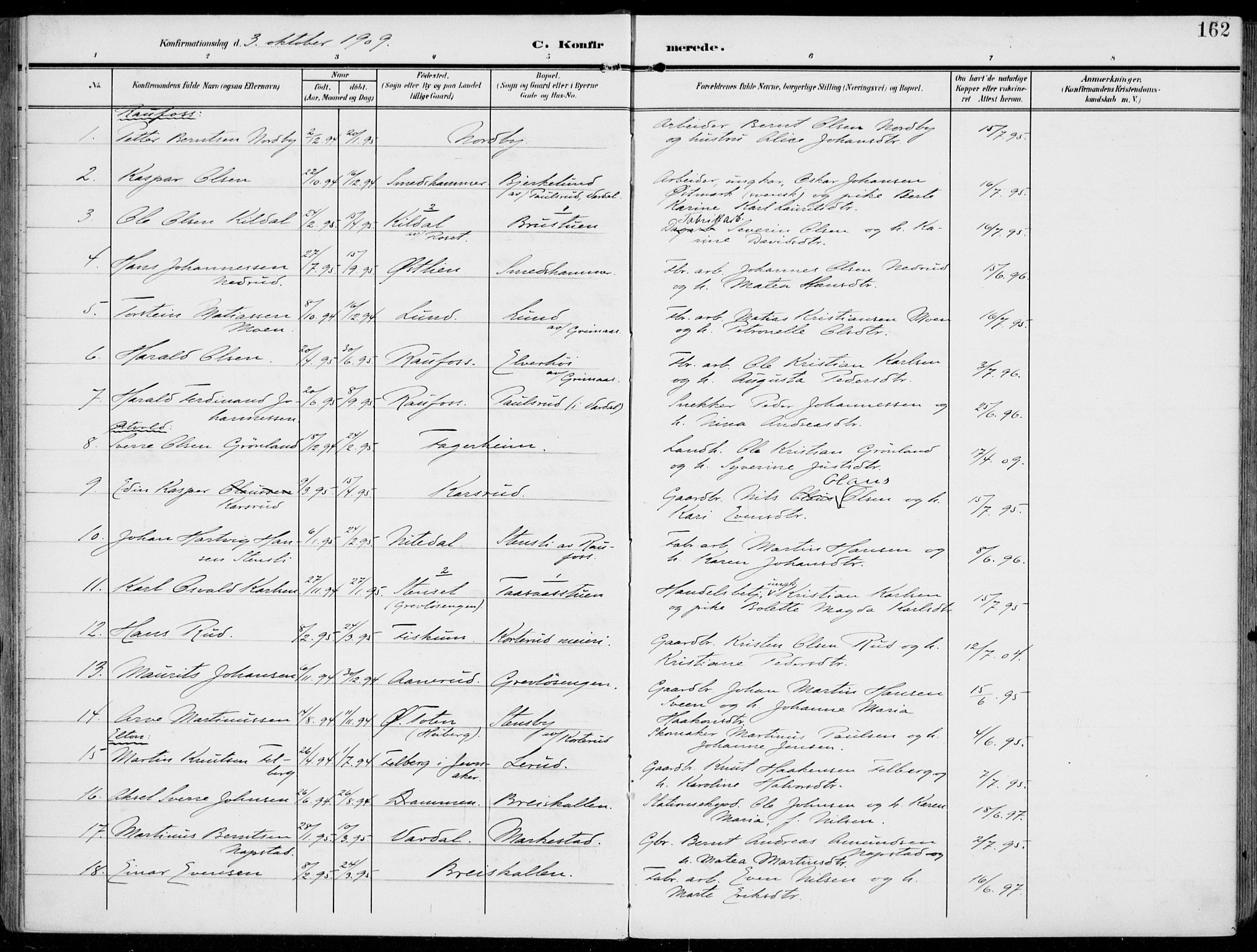 Vestre Toten prestekontor, SAH/PREST-108/H/Ha/Haa/L0014: Parish register (official) no. 14, 1907-1920, p. 162