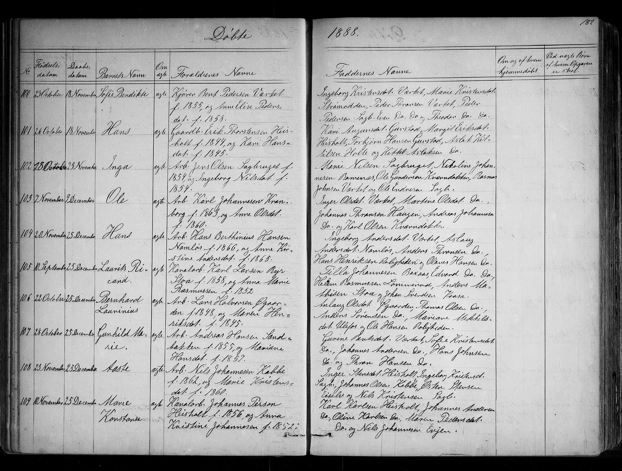 Holla kirkebøker, SAKO/A-272/G/Ga/L0004: Parish register (copy) no. I 4, 1867-1890, p. 182