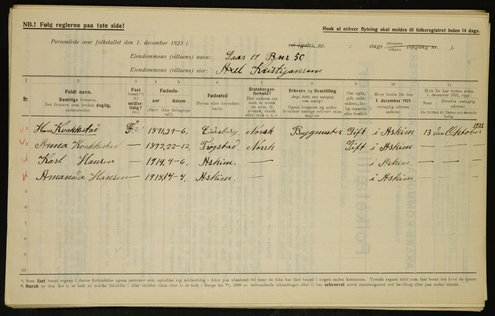 , Municipal Census 1923 for Aker, 1923, p. 7010