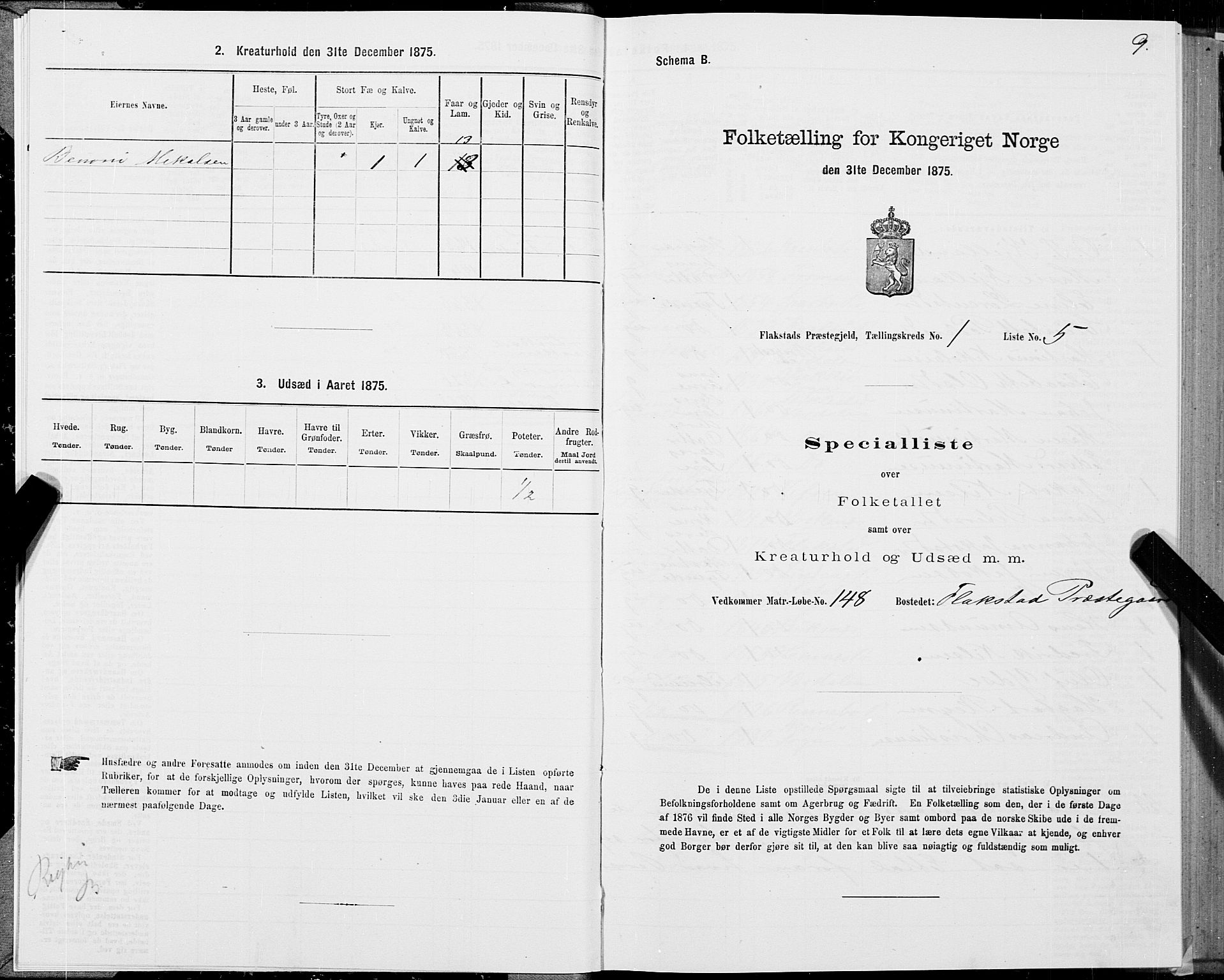 SAT, 1875 census for 1859P Flakstad, 1875, p. 1009