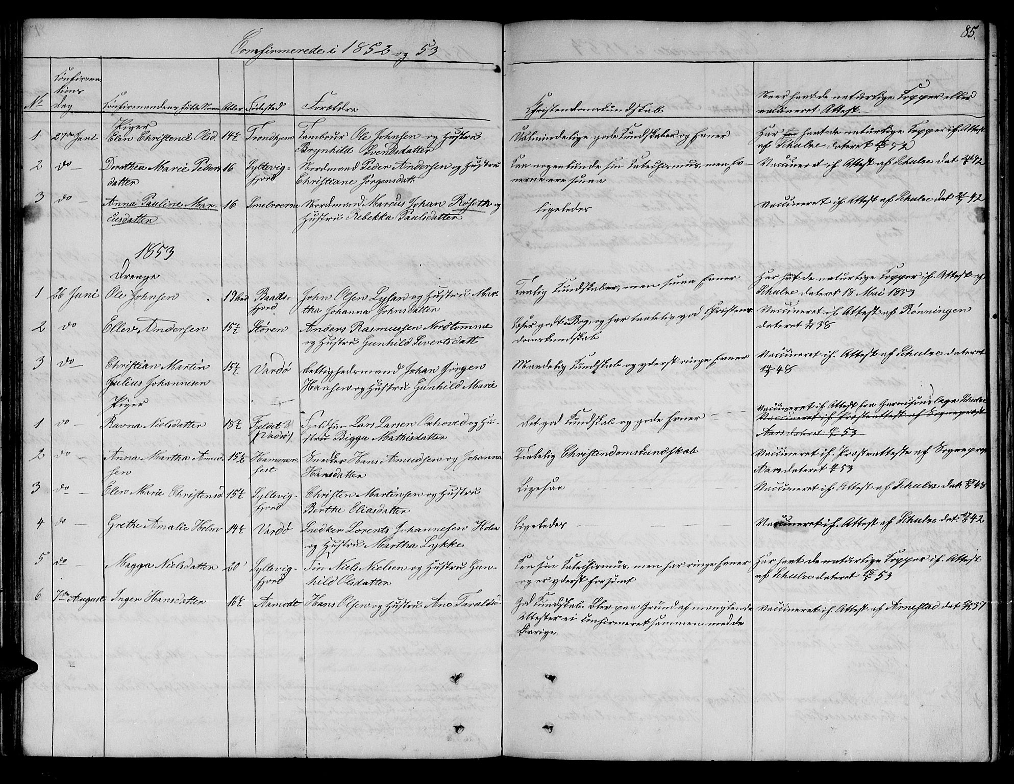 Vardø sokneprestkontor, SATØ/S-1332/H/Hb/L0001klokker: Parish register (copy) no. 1, 1844-1861, p. 85