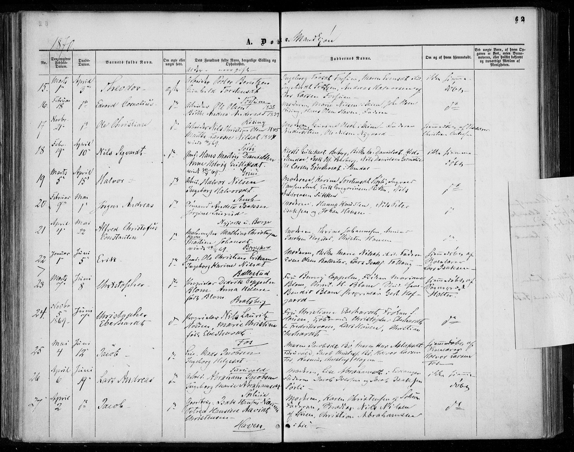 Gjerpen kirkebøker, SAKO/A-265/F/Fa/L0008a: Parish register (official) no. I 8A, 1857-1871, p. 62