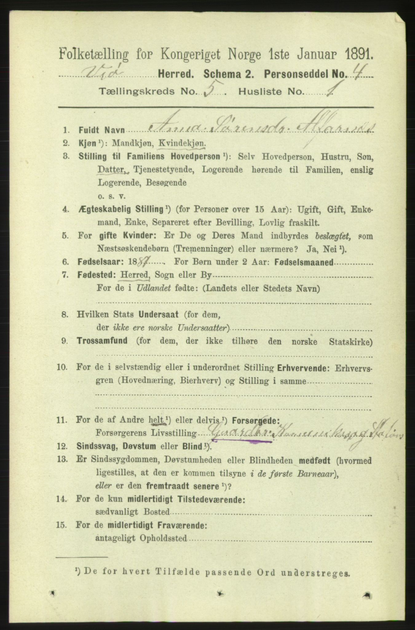 RA, 1891 census for 1541 Veøy, 1891, p. 2486