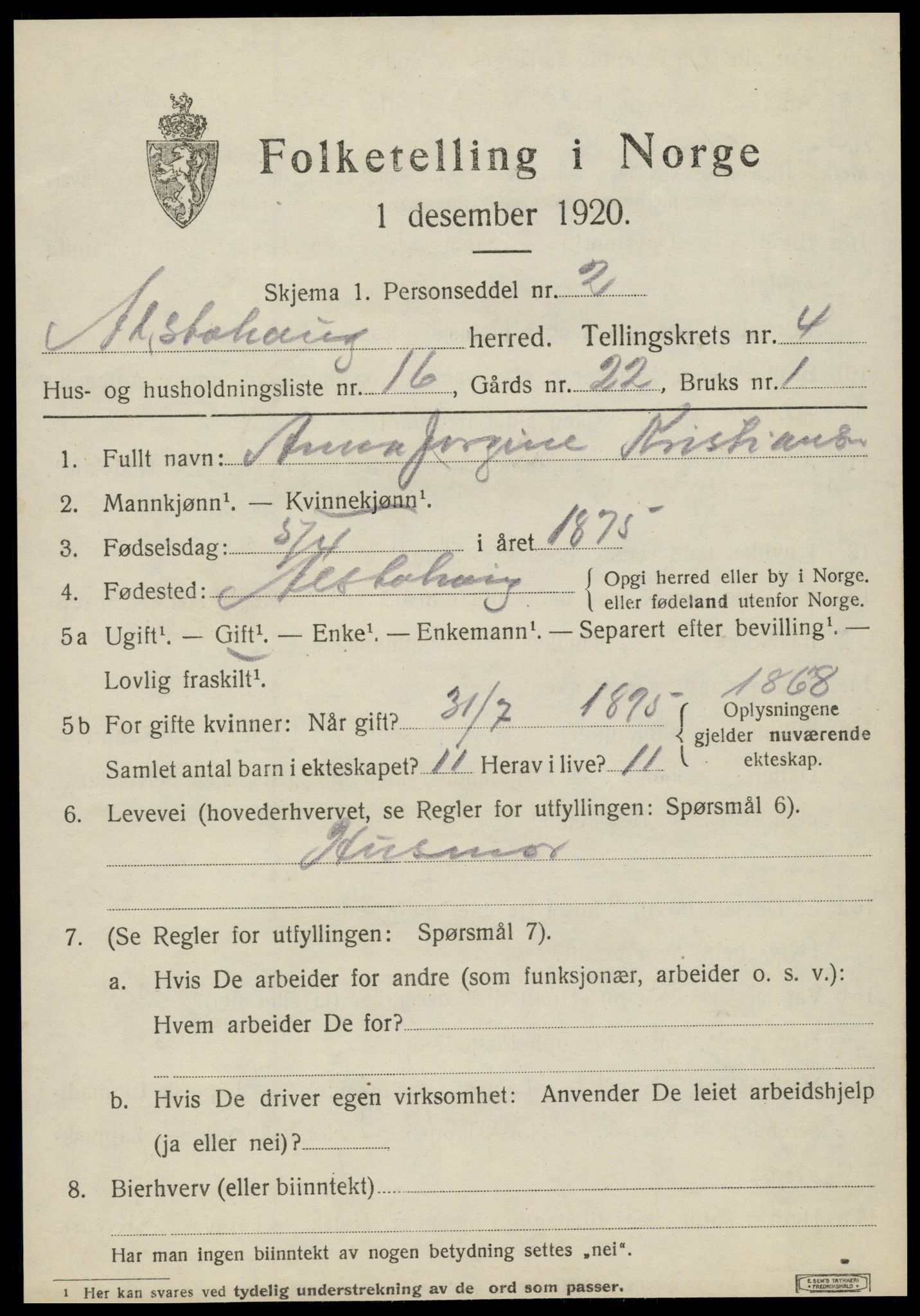 SAT, 1920 census for Alstahaug, 1920, p. 2079