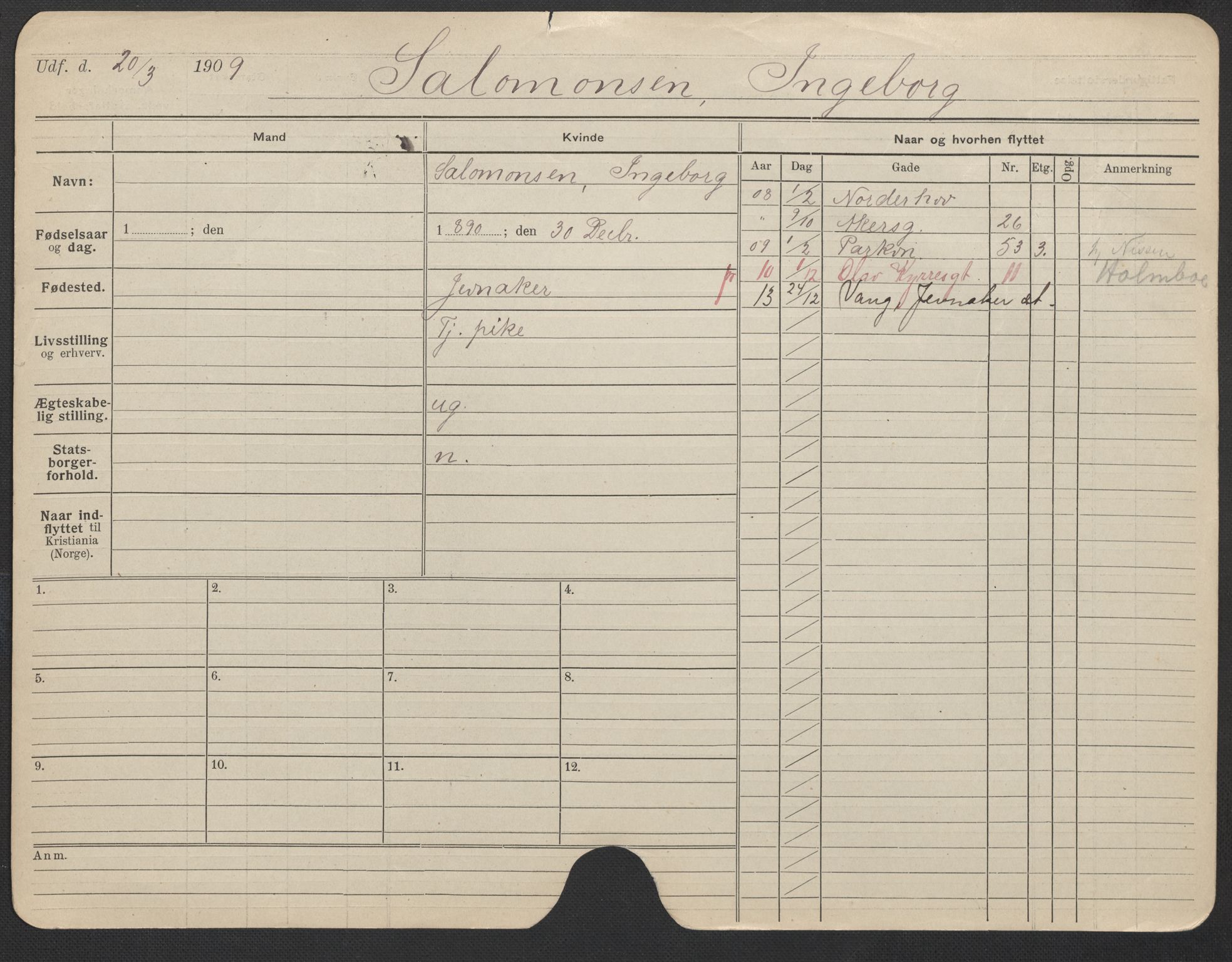 Oslo folkeregister, Registerkort, AV/SAO-A-11715/F/Fa/Fac/L0023: Kvinner, 1906-1914, p. 573a