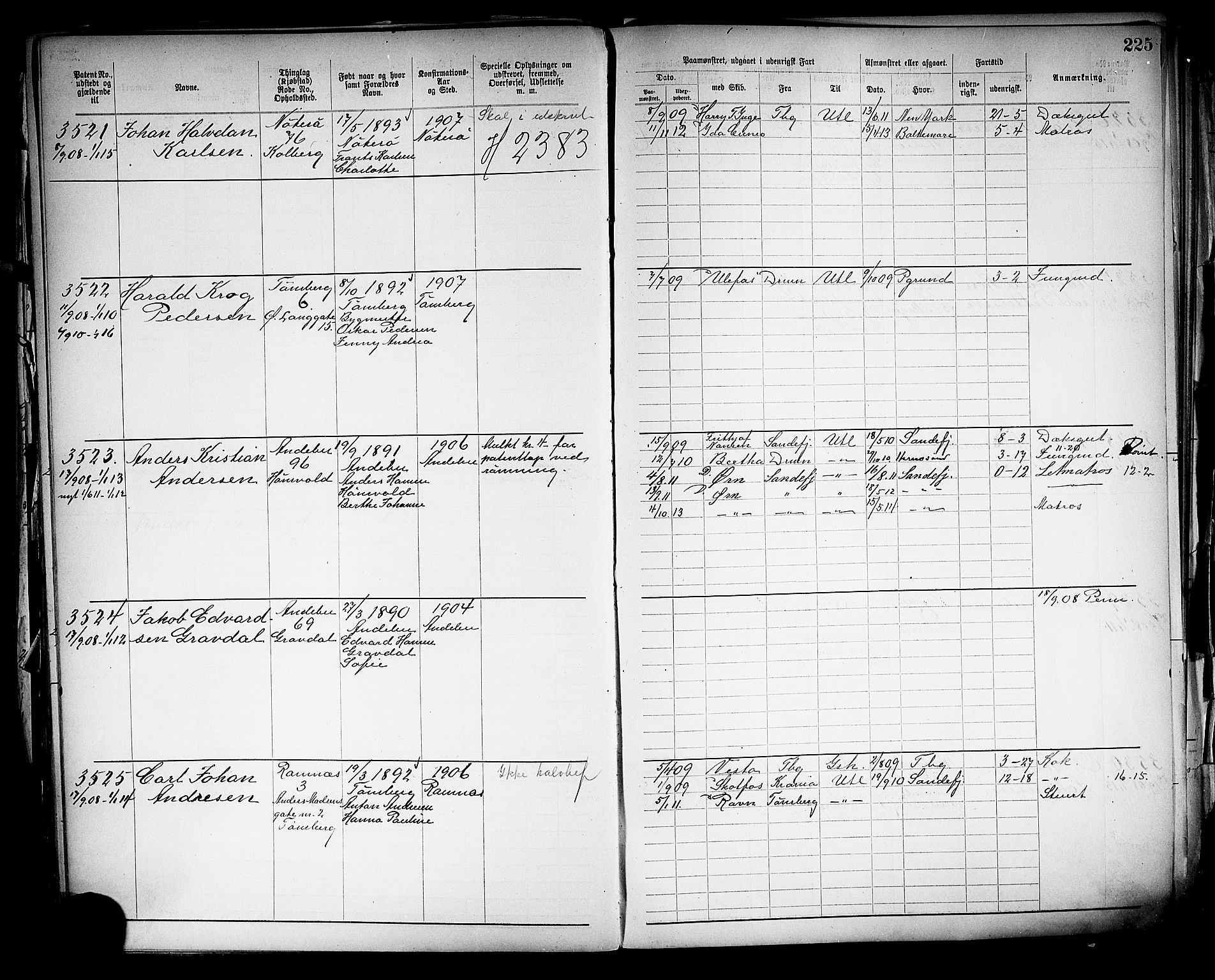 Tønsberg innrulleringskontor, SAKO/A-786/F/Fb/L0005: Annotasjonsrulle Patent nr. 2401-4080, 1904-1910, p. 228