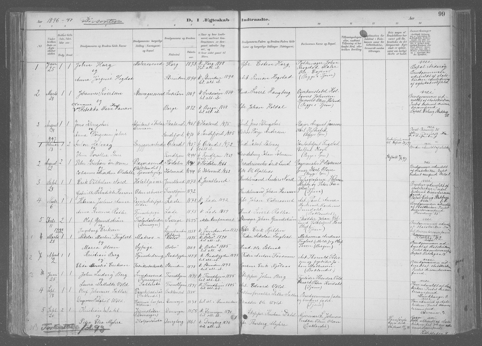 Ministerialprotokoller, klokkerbøker og fødselsregistre - Sør-Trøndelag, SAT/A-1456/601/L0064: Parish register (official) no. 601A31, 1891-1911, p. 99