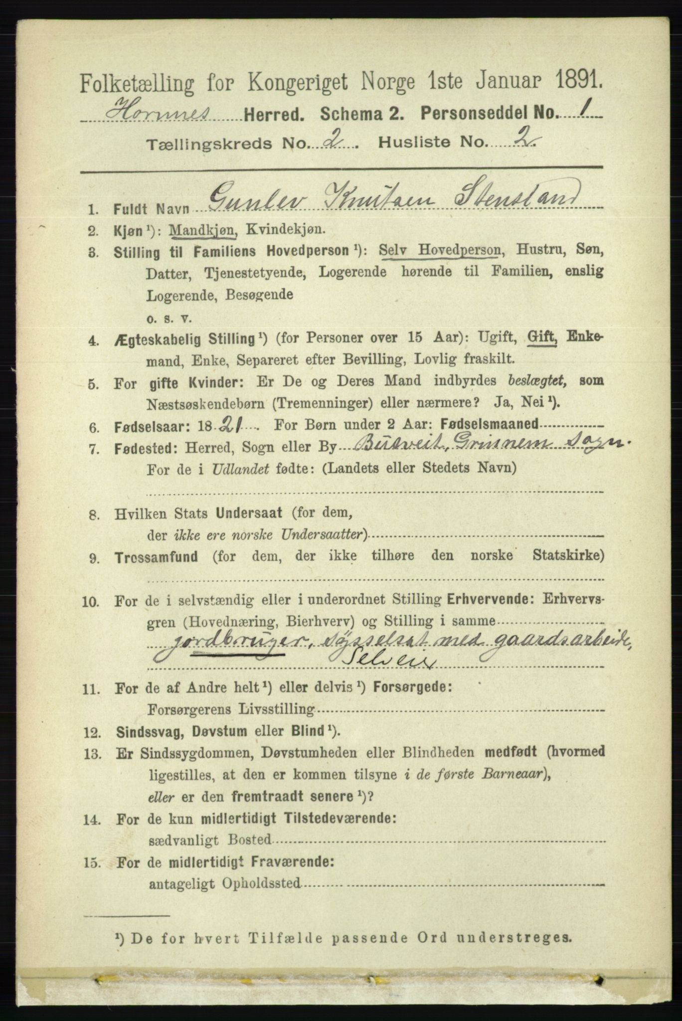 RA, 1891 census for 0936 Hornnes, 1891, p. 218