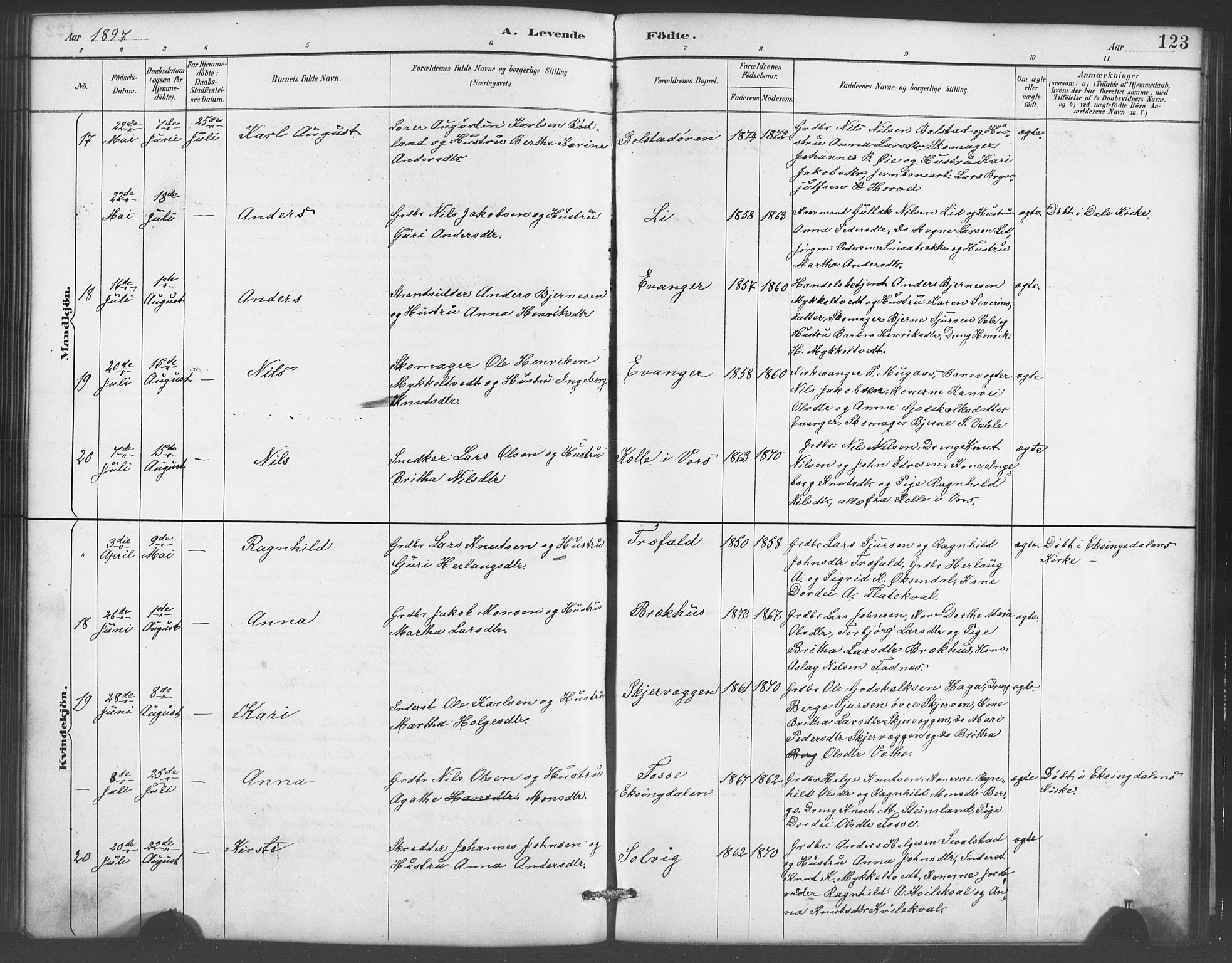 Evanger sokneprestembete, AV/SAB-A-99924: Parish register (copy) no. A 4, 1887-1897, p. 123