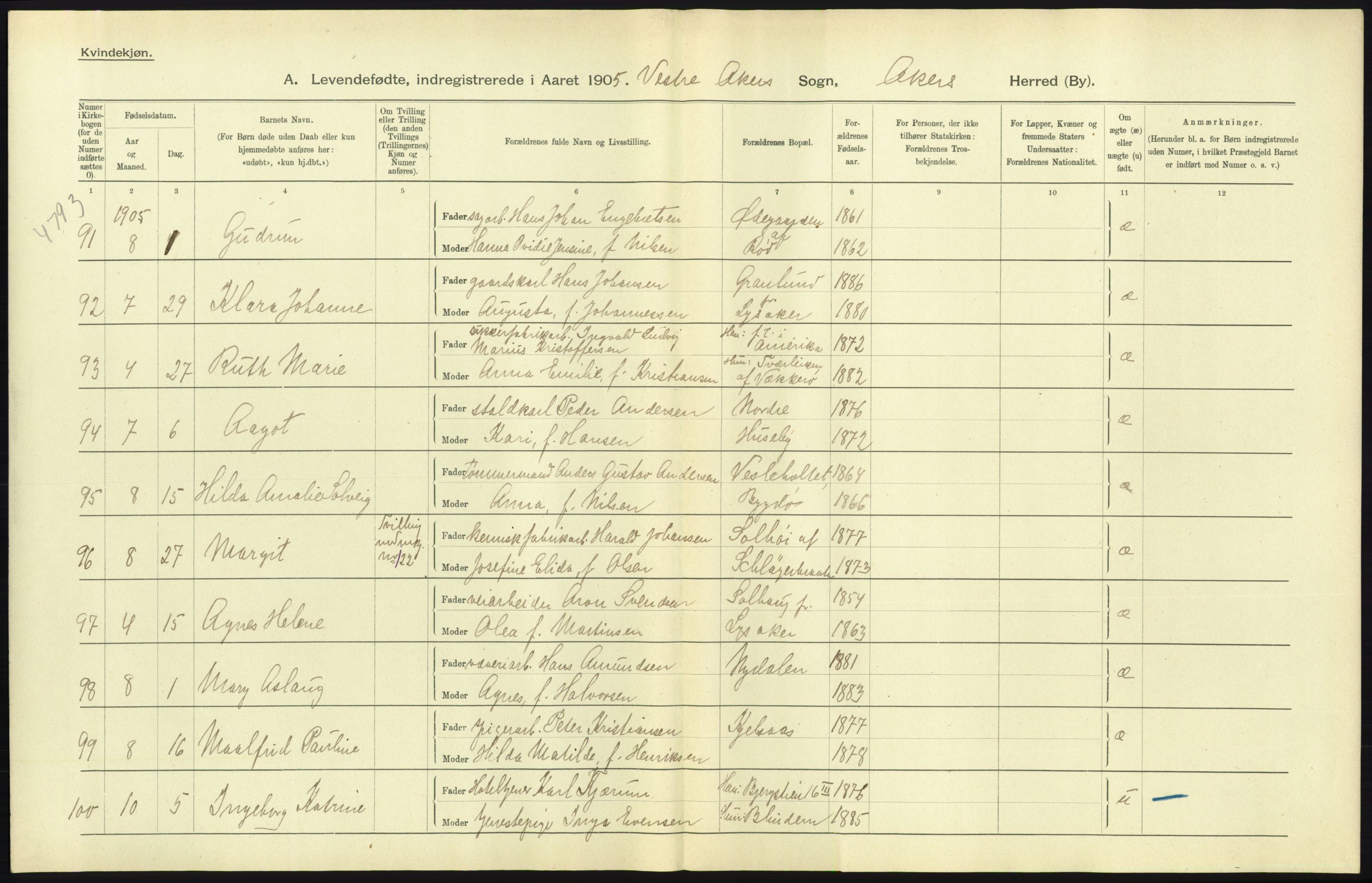 Statistisk sentralbyrå, Sosiodemografiske emner, Befolkning, RA/S-2228/D/Df/Dfa/Dfac/L0004: Akershus amt: Fødte. Bygder., 1905, p. 19