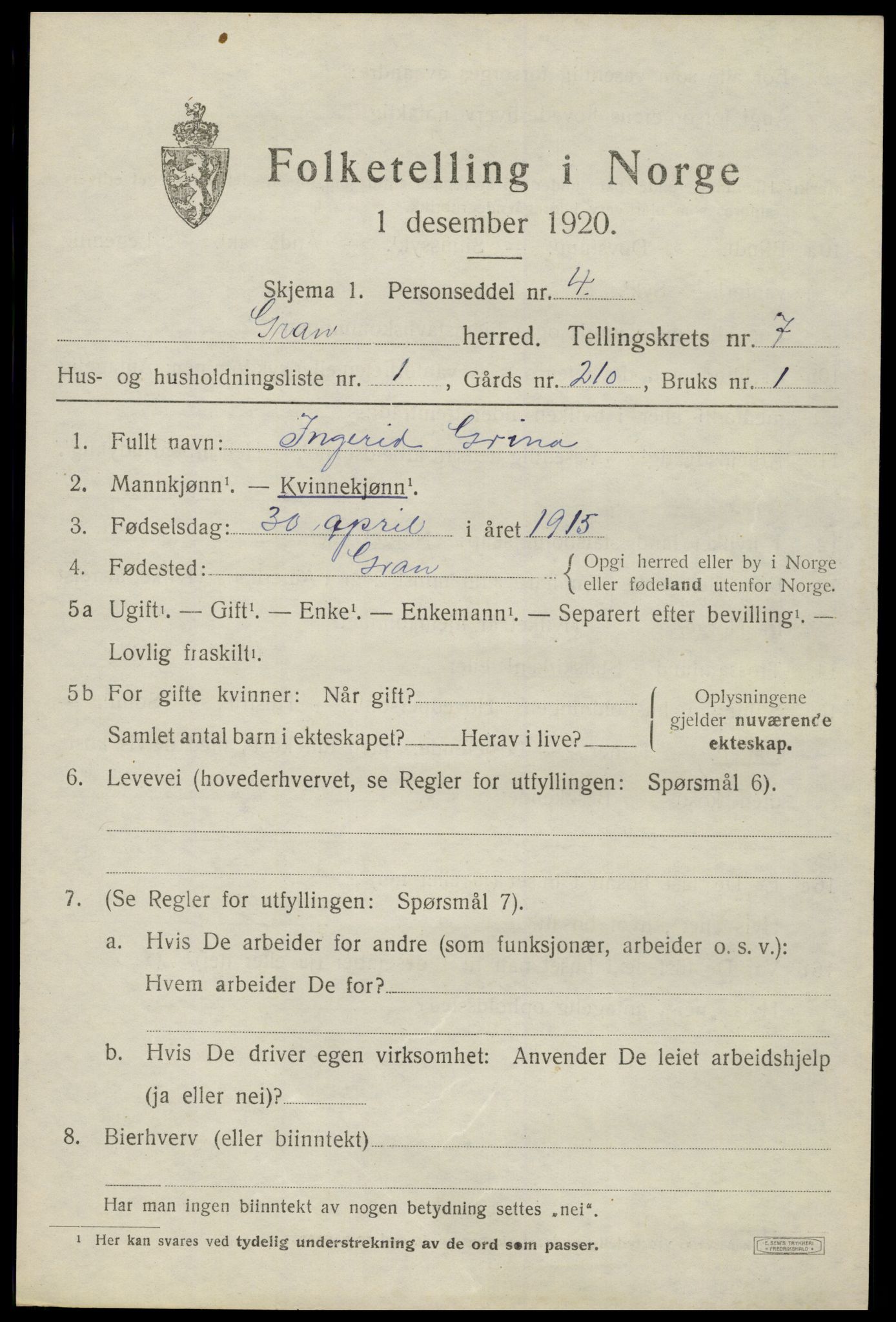 SAH, 1920 census for Gran, 1920, p. 9461