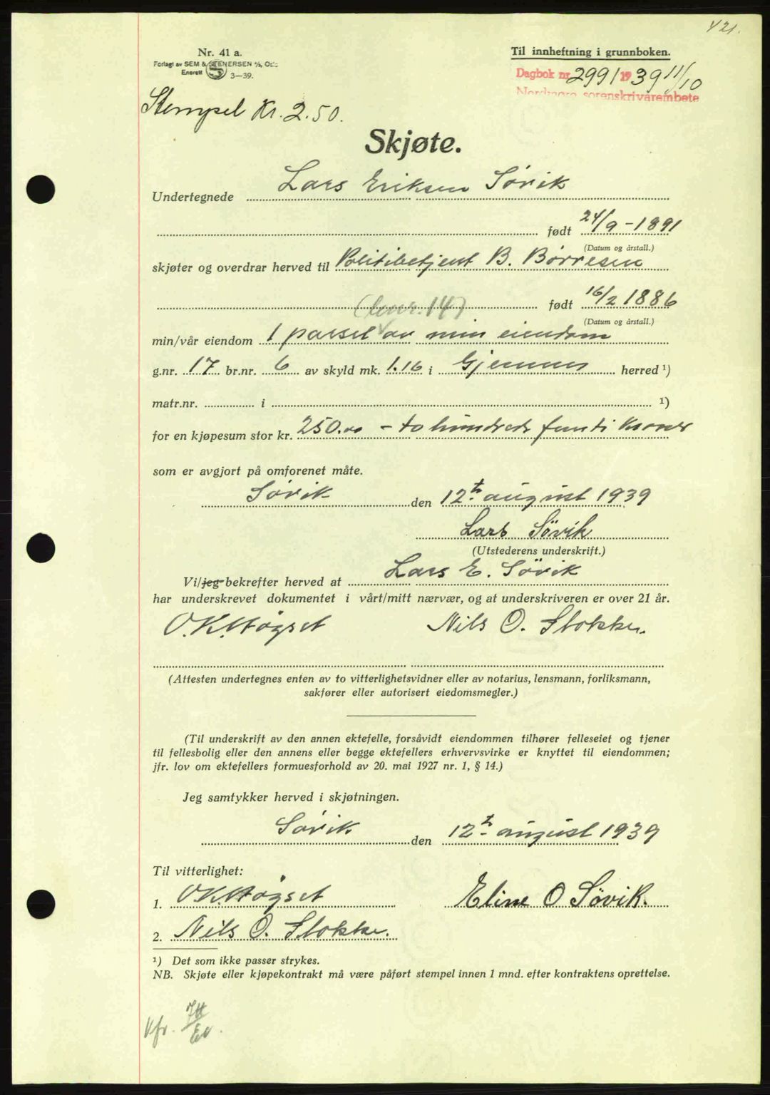 Nordmøre sorenskriveri, AV/SAT-A-4132/1/2/2Ca: Mortgage book no. A87, 1939-1940, Diary no: : 2991/1939