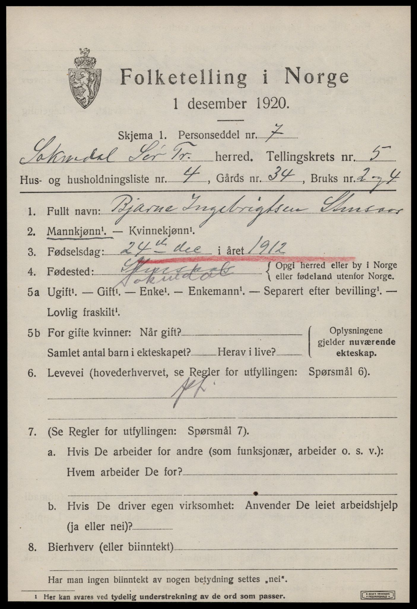 SAT, 1920 census for Soknedal, 1920, p. 2702