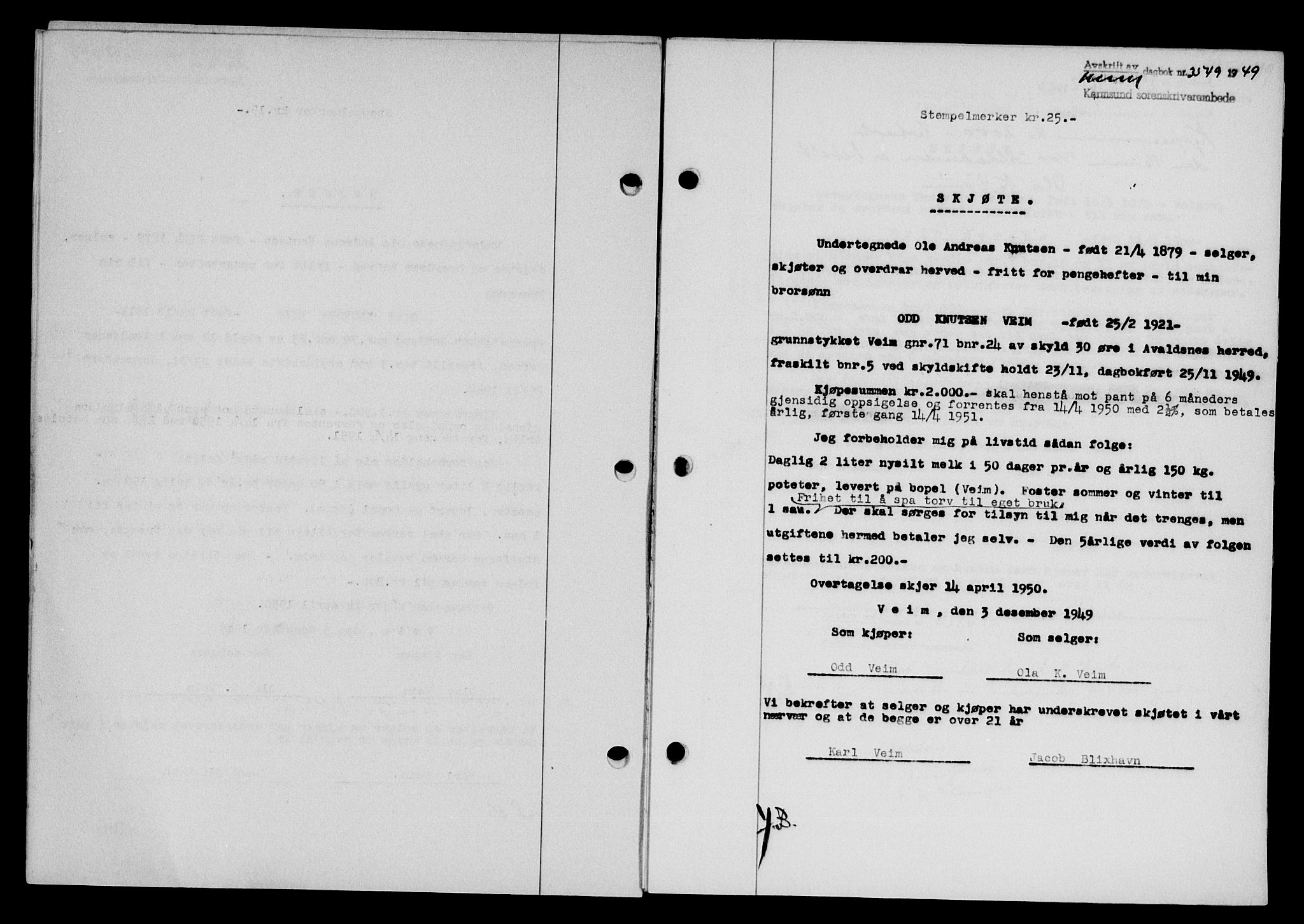 Karmsund sorenskriveri, SAST/A-100311/01/II/IIB/L0098: Mortgage book no. 78A, 1949-1950, Diary no: : 3549/1949
