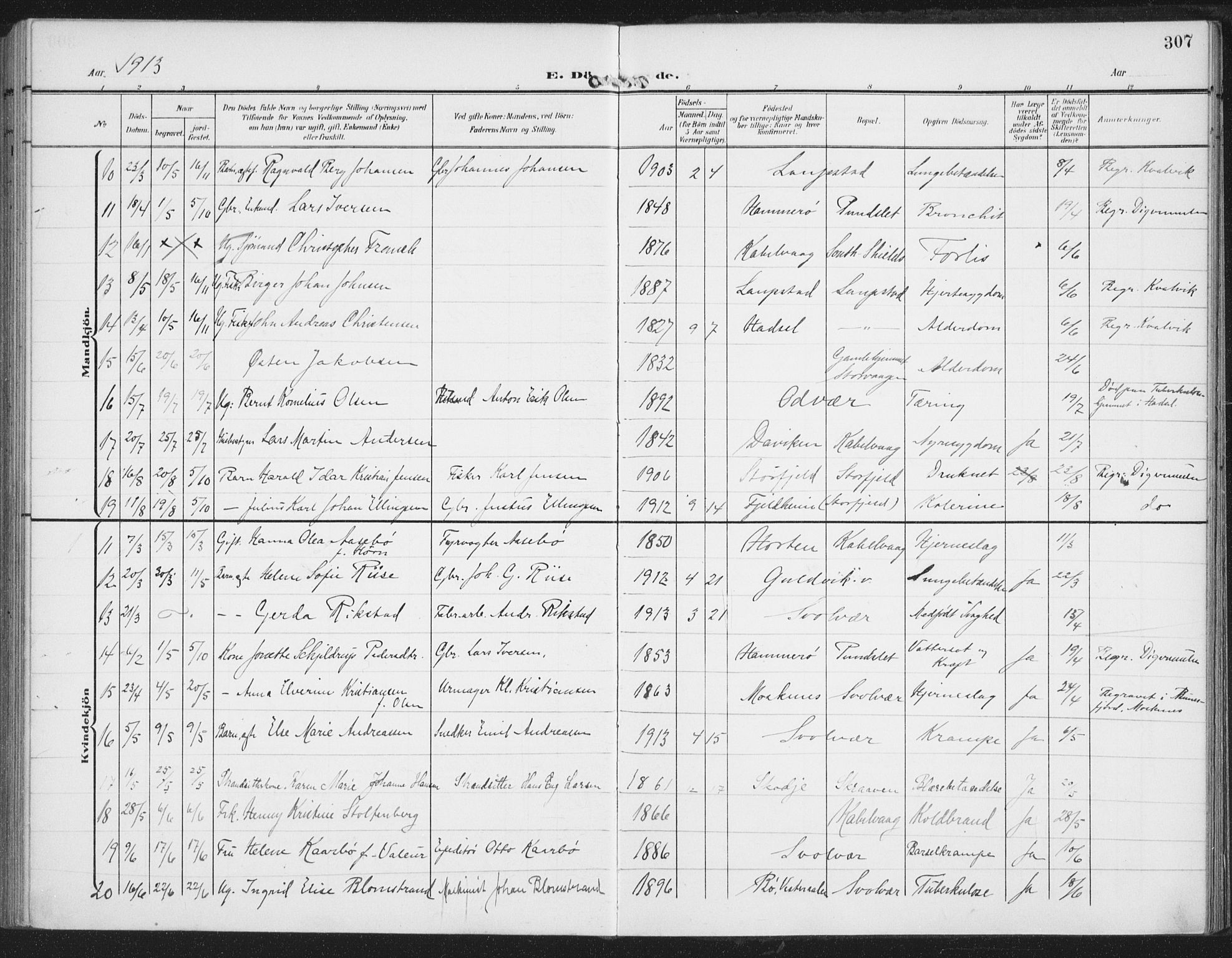 Ministerialprotokoller, klokkerbøker og fødselsregistre - Nordland, AV/SAT-A-1459/874/L1063: Parish register (official) no. 874A07, 1907-1915, p. 307