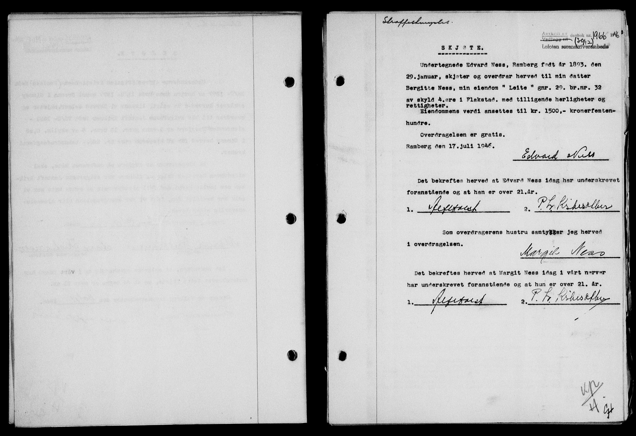 Lofoten sorenskriveri, SAT/A-0017/1/2/2C/L0015a: Mortgage book no. 15a, 1946-1947, Diary no: : 1966/1946