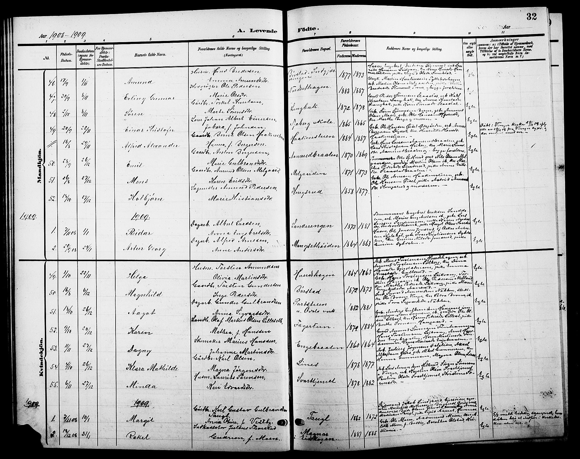 Sør-Odal prestekontor, AV/SAH-PREST-030/H/Ha/Hab/L0005: Parish register (copy) no. 5, 1903-1915, p. 32