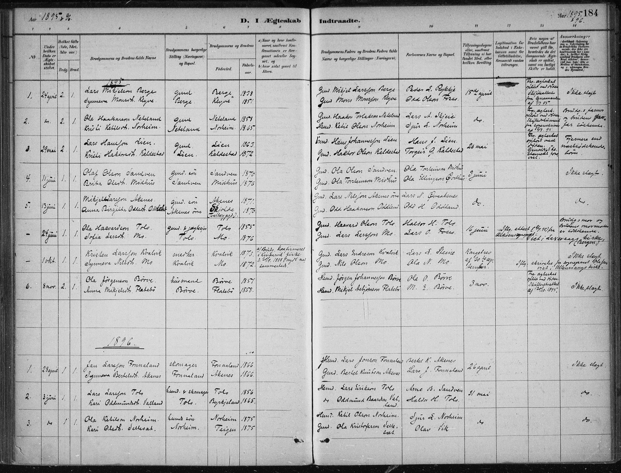 Kvam sokneprestembete, SAB/A-76201/H/Haa: Parish register (official) no. B  1, 1880-1908, p. 184