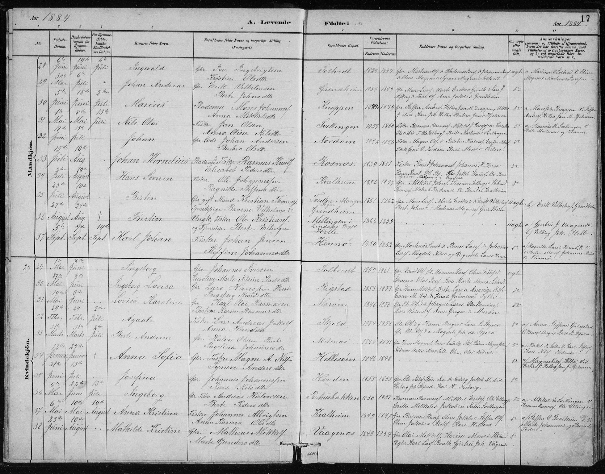 Manger sokneprestembete, SAB/A-76801/H/Hab: Parish register (copy) no. B 2, 1882-1890, p. 17