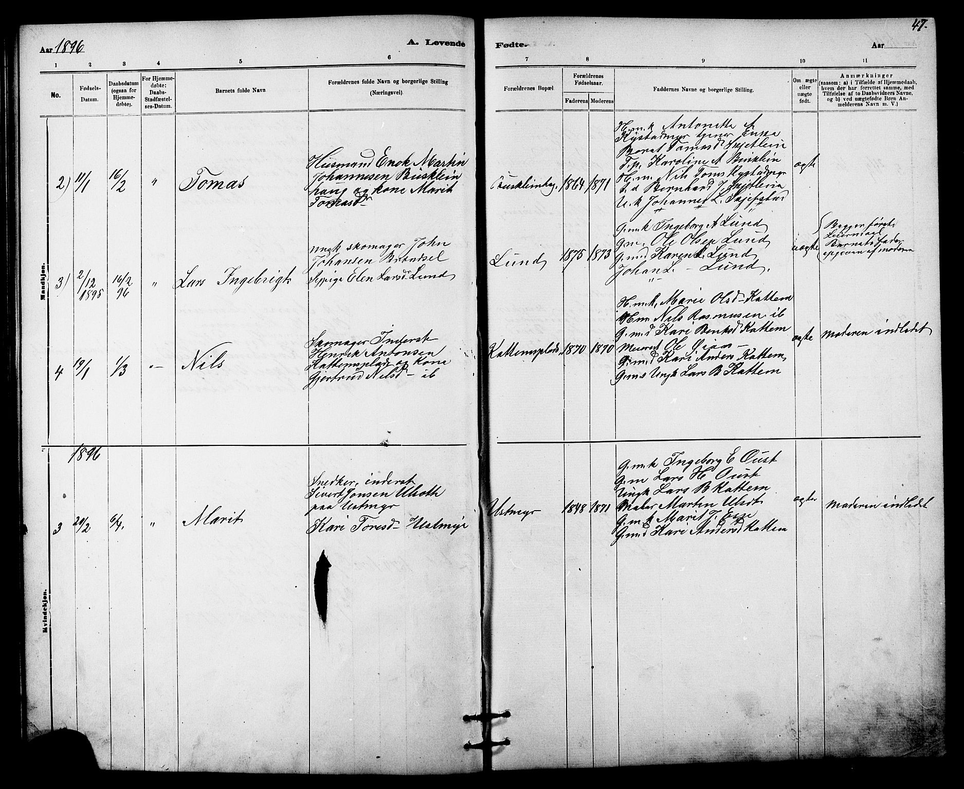Ministerialprotokoller, klokkerbøker og fødselsregistre - Sør-Trøndelag, SAT/A-1456/613/L0395: Parish register (copy) no. 613C03, 1887-1909, p. 47