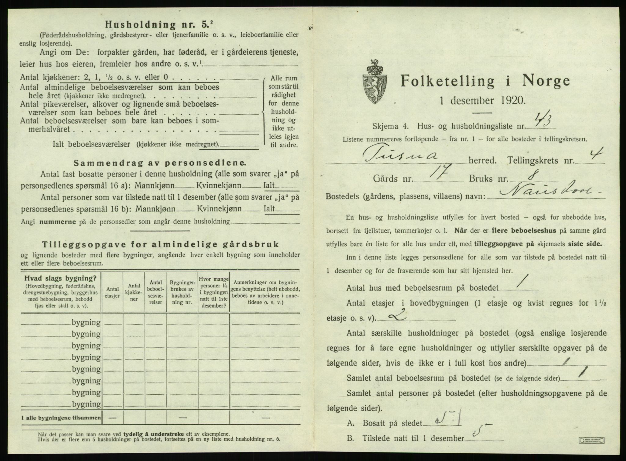 SAT, 1920 census for Tustna, 1920, p. 319